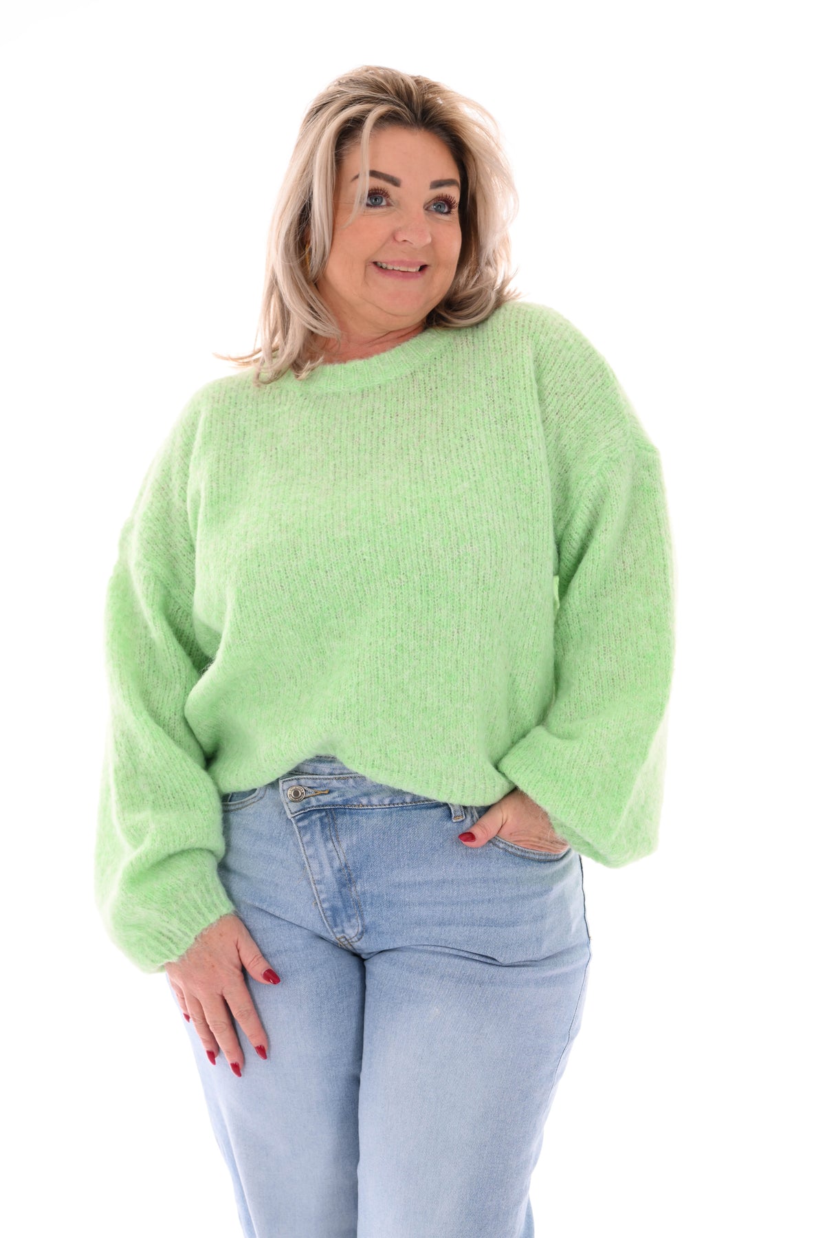 Fijn gebreide trui pofmouwen lichtgroen