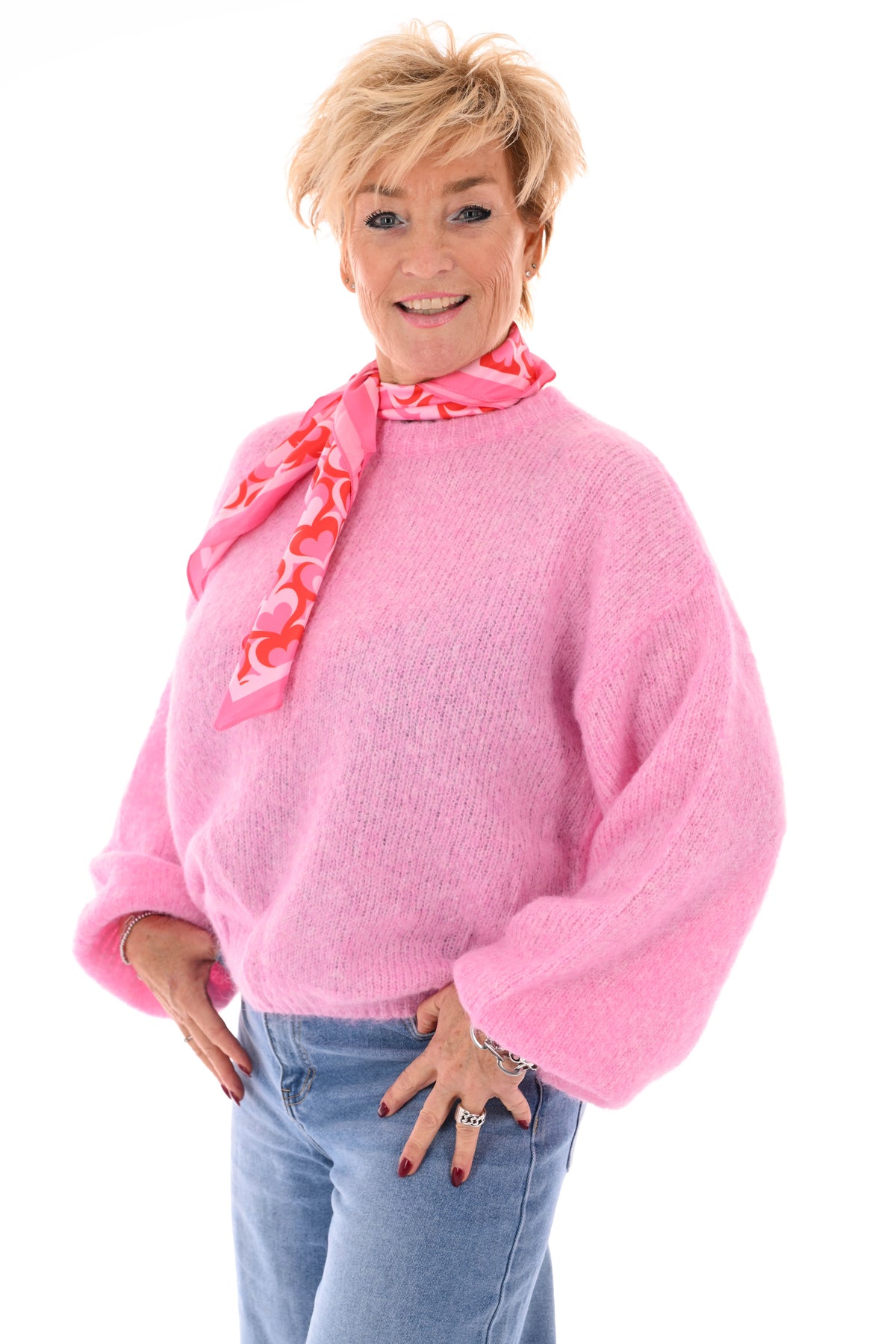 Fijn gebreide trui pofmouwen lichtroze