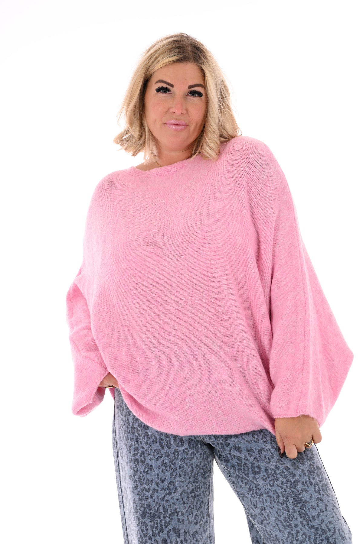 Fijn gebreide vleermuis trui uni lichtroze