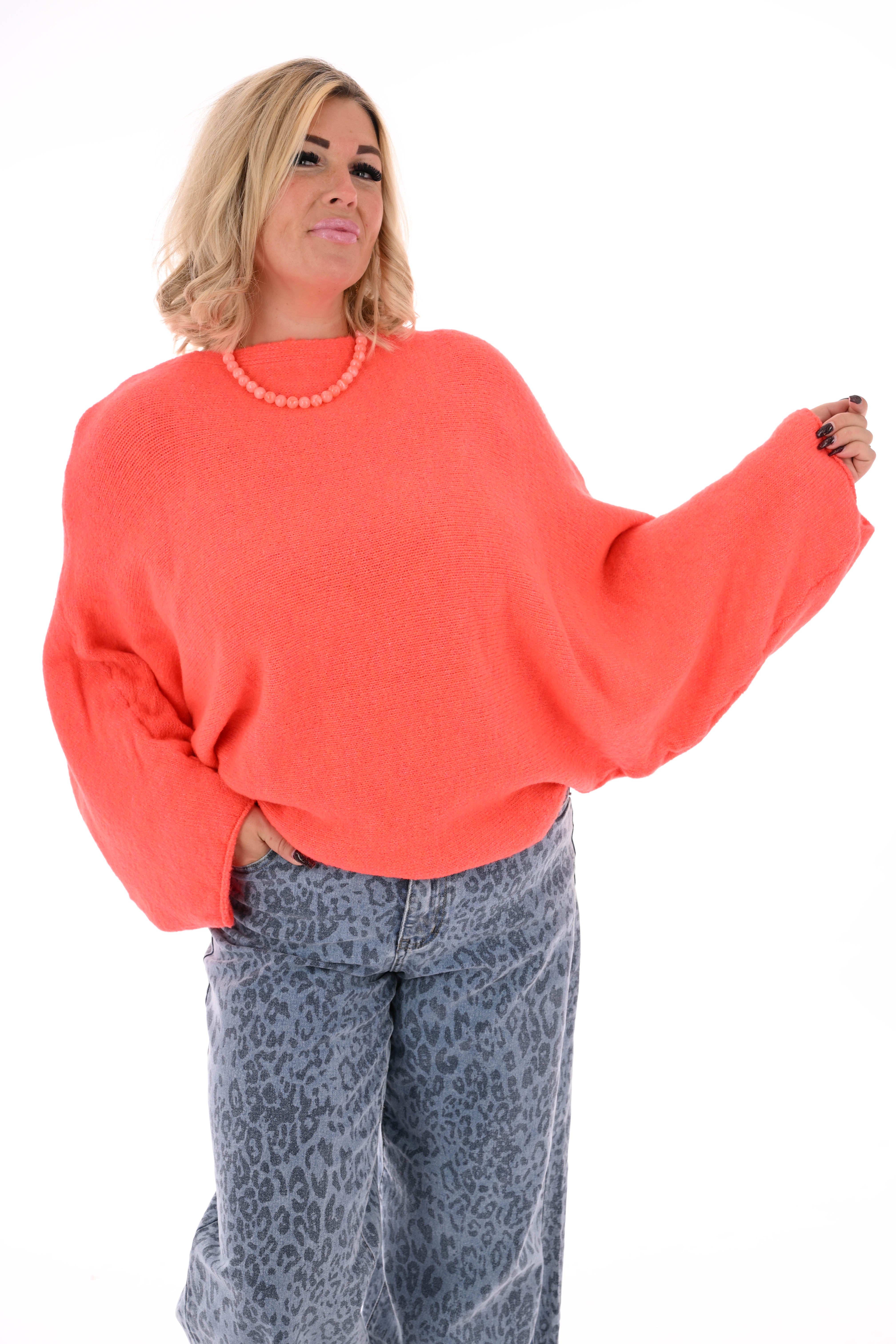 Fijn gebreide vleermuis trui uni oranje