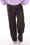 Wijde broek panterprint met strepenbies bruin/lila
