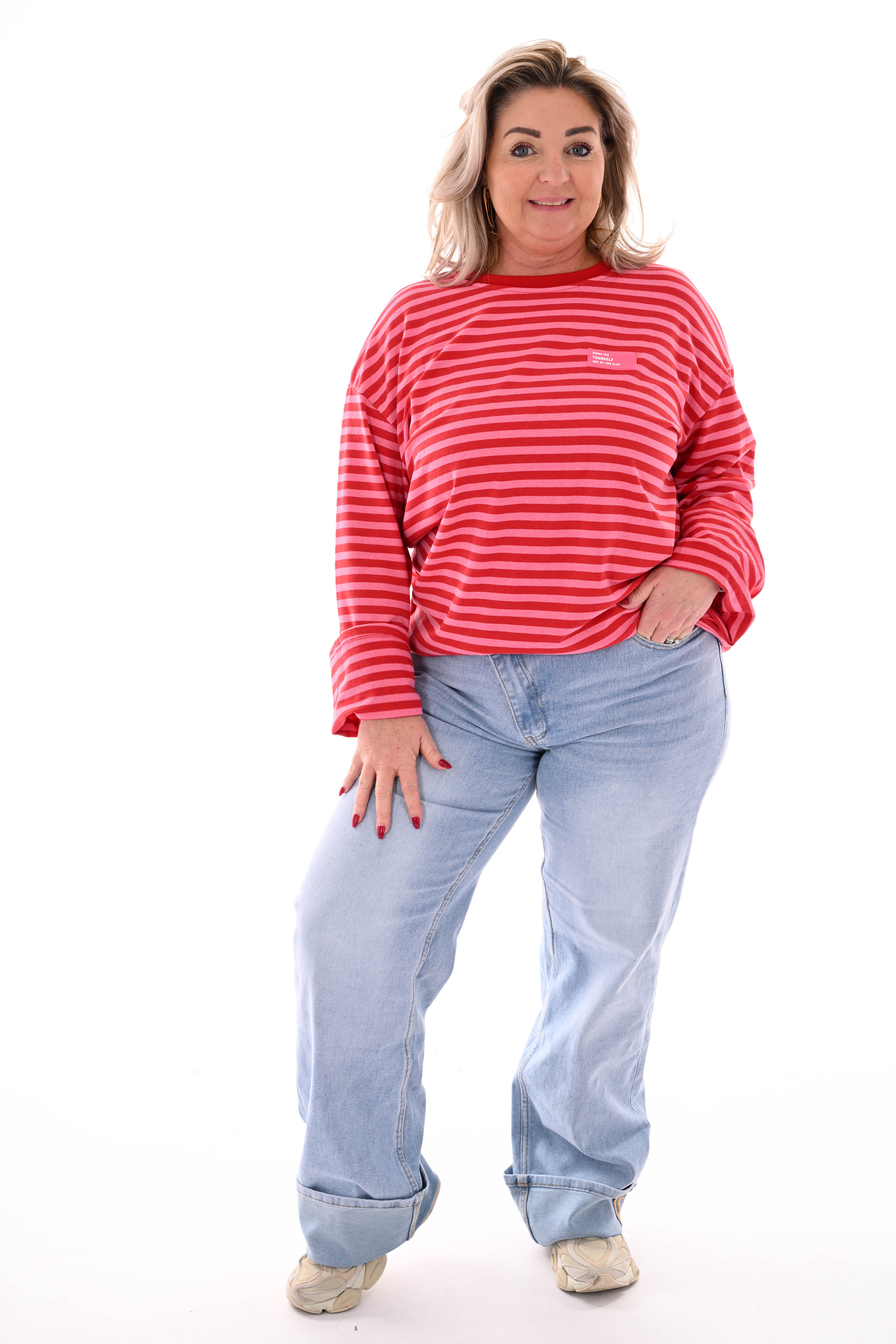 Trui fijne streepjes roze