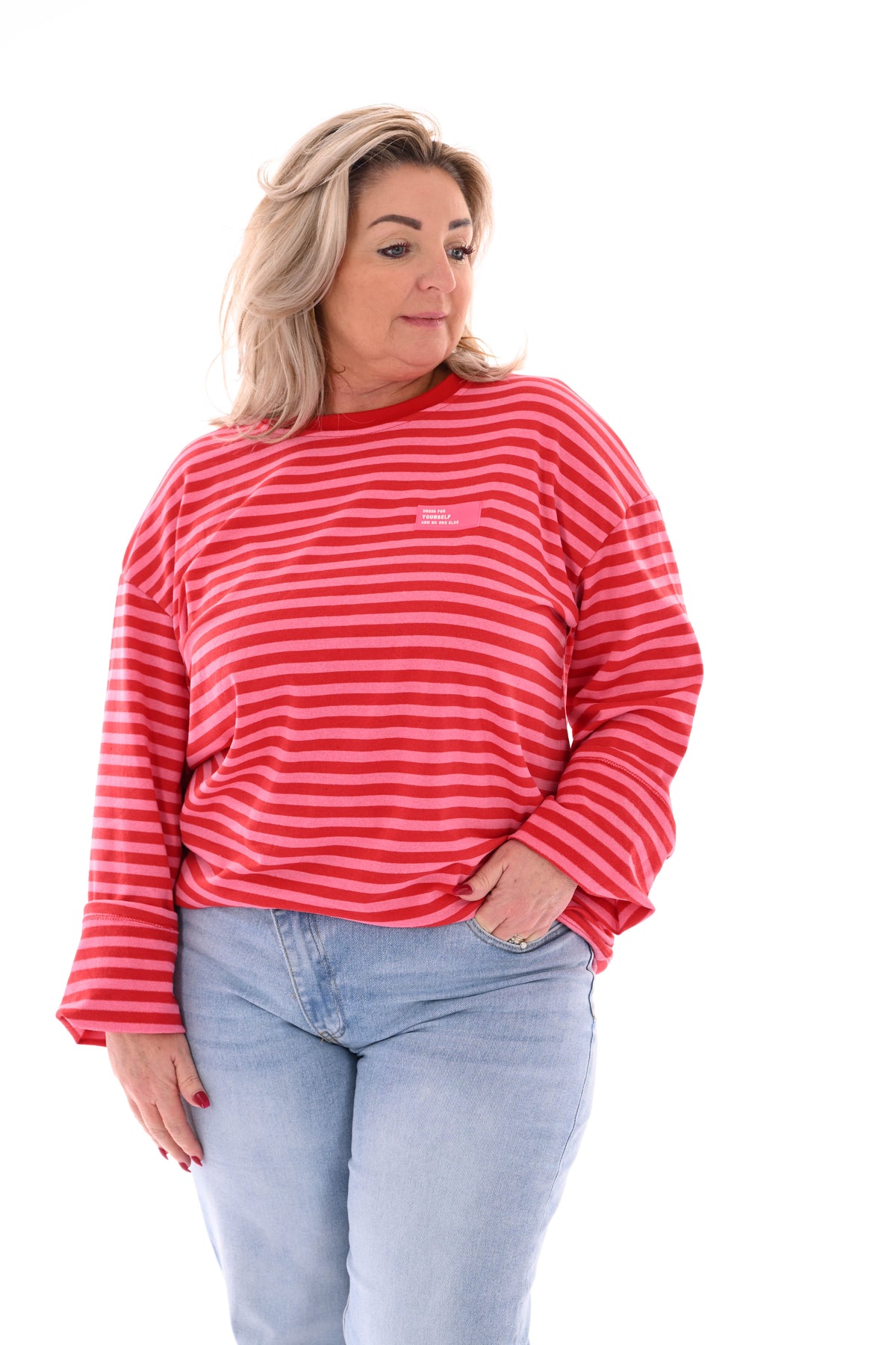 Trui fijne streepjes roze