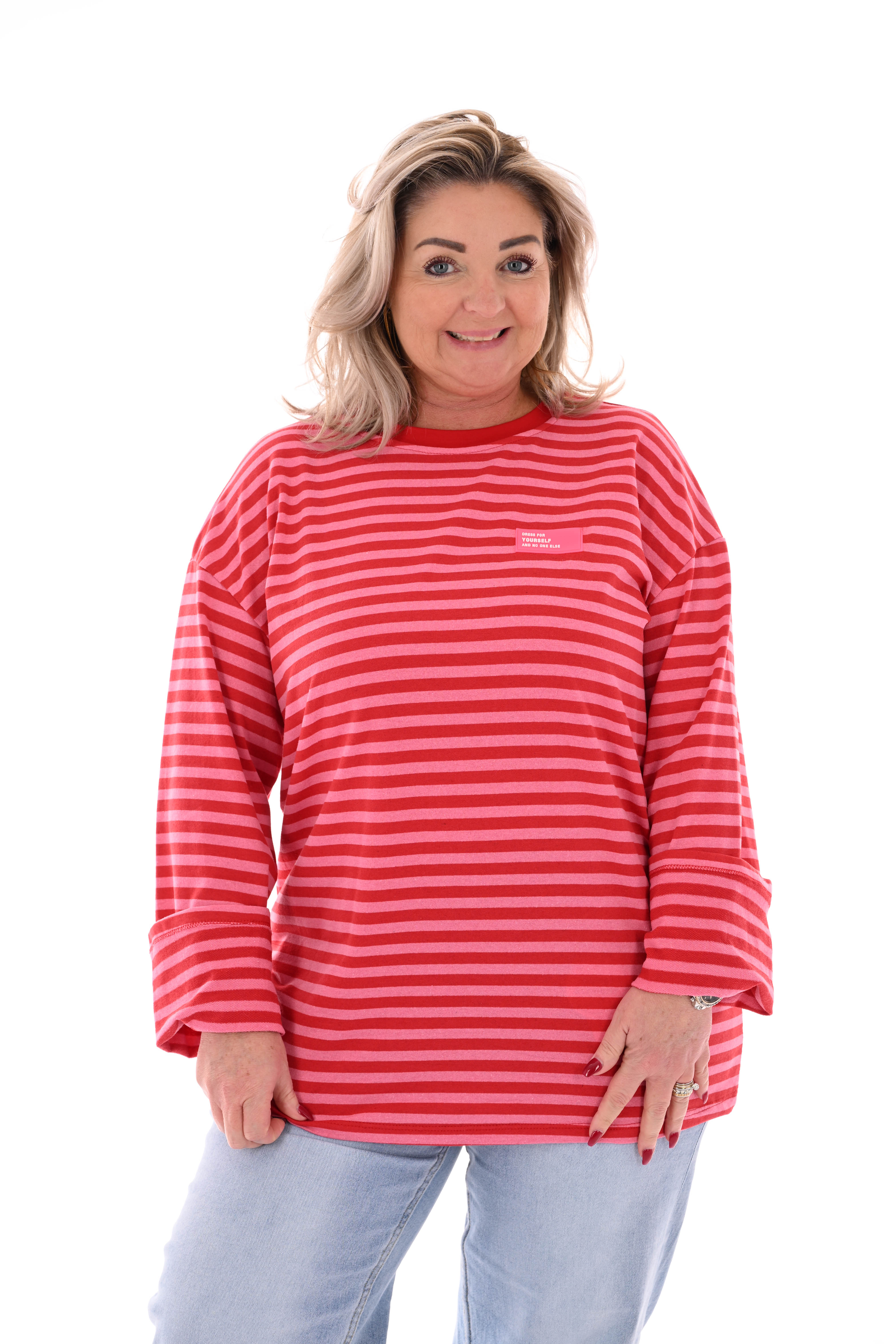 Trui fijne streepjes roze