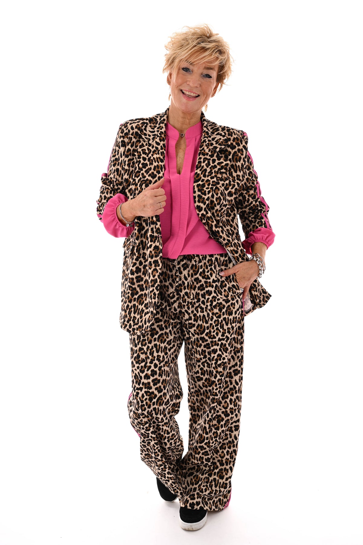Tweedelig blazerpak panter met bies roze