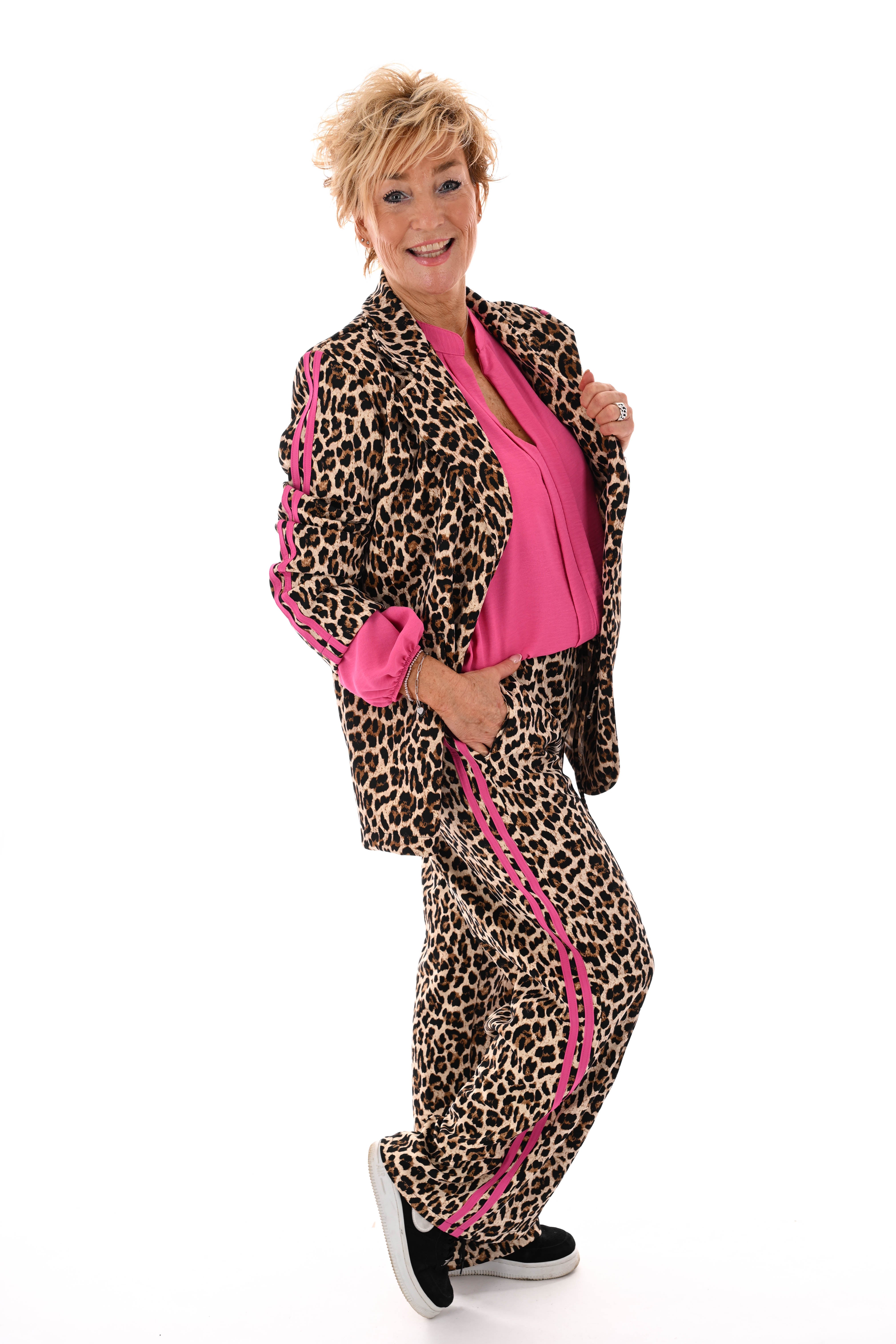 Tweedelig blazerpak panter met bies roze