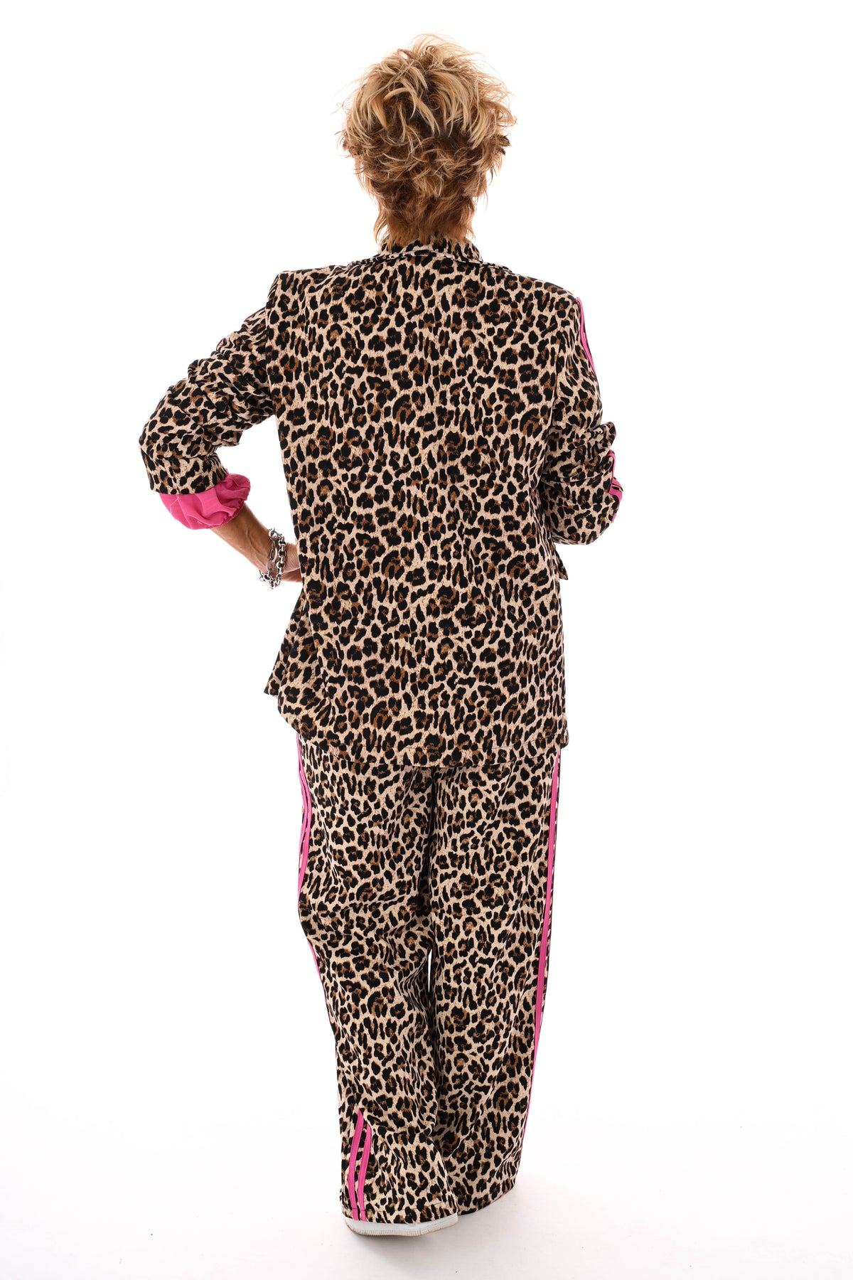 Tweedelig blazerpak panter met bies roze