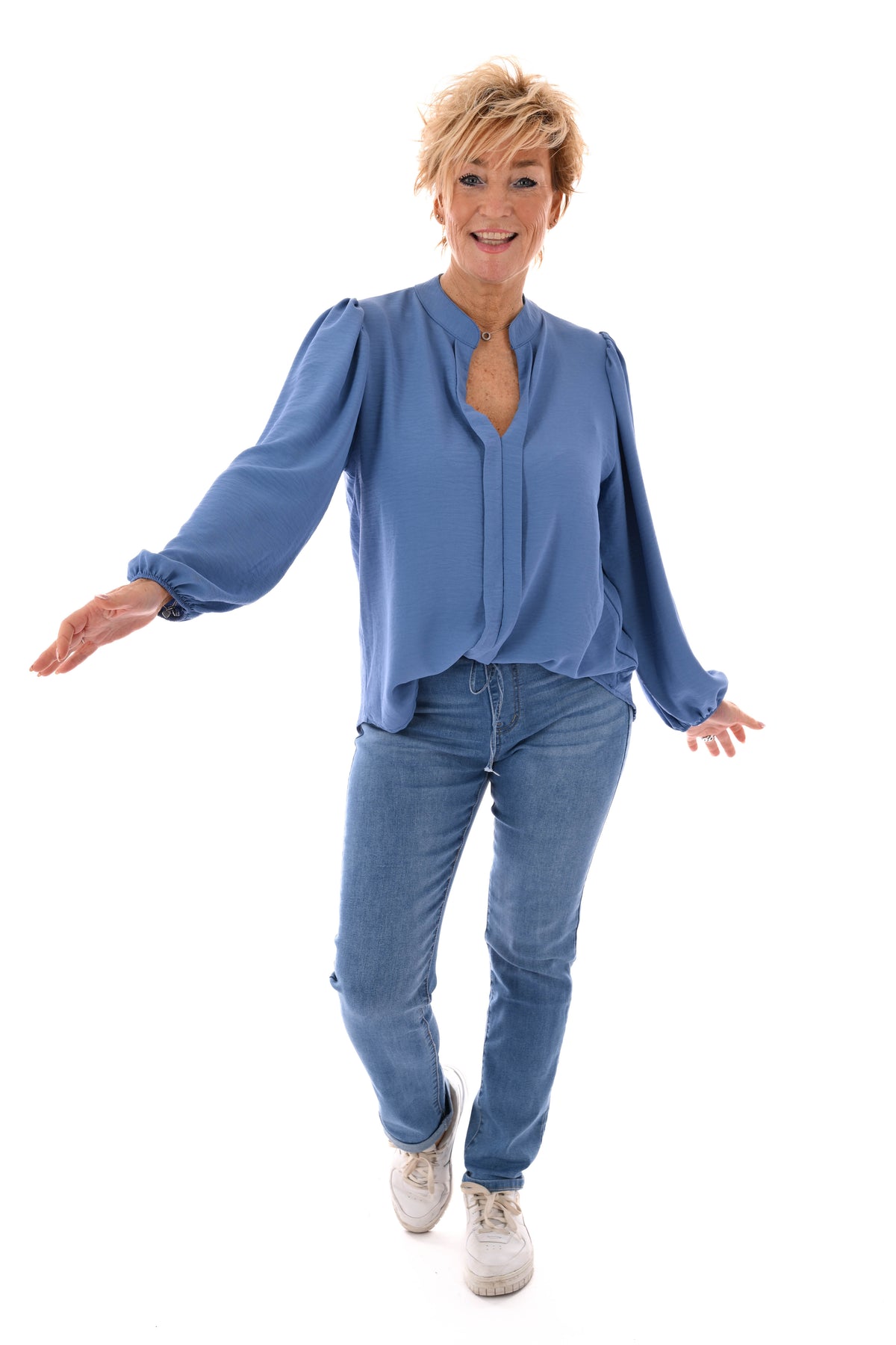 Top lange mouwen v-hals uni jeansblauw