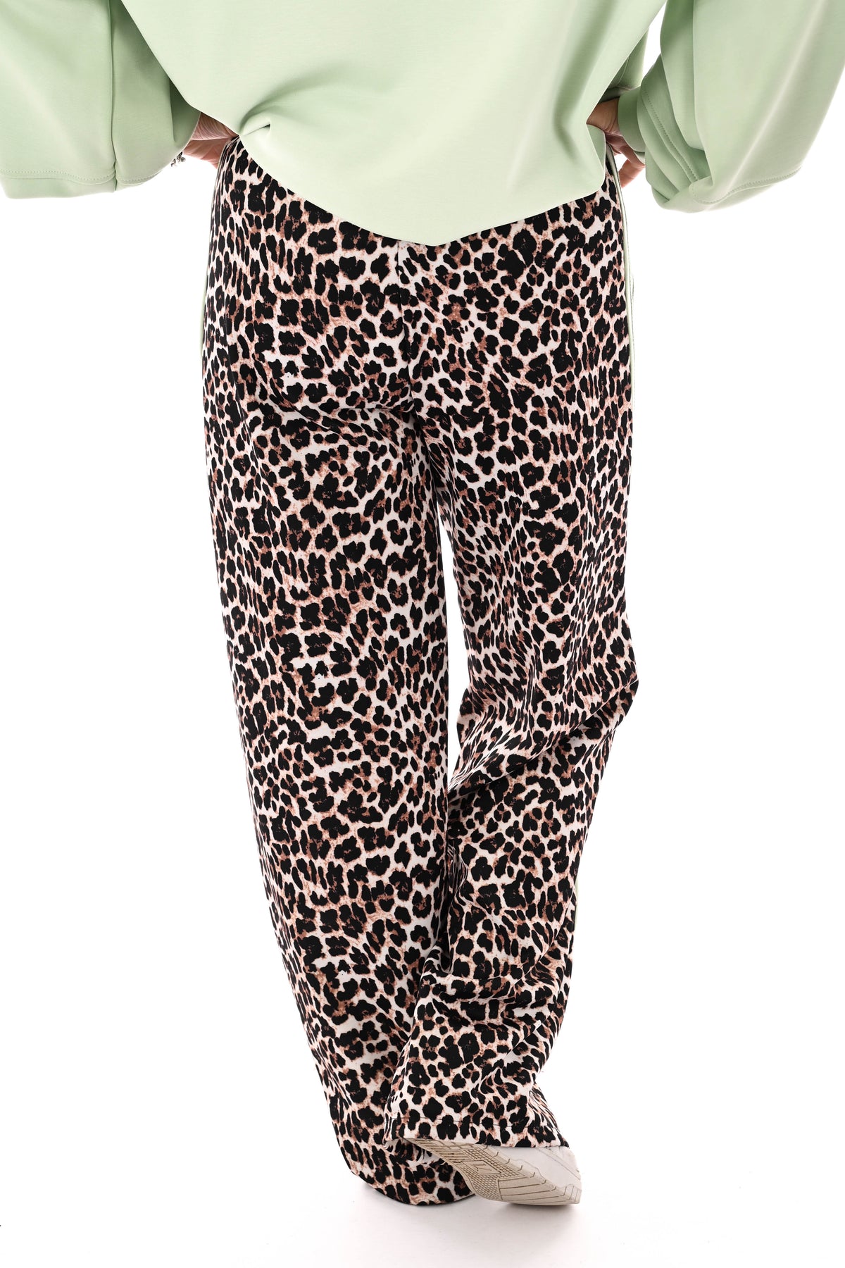 Wijde panterprint broek brede bies lichtgroen