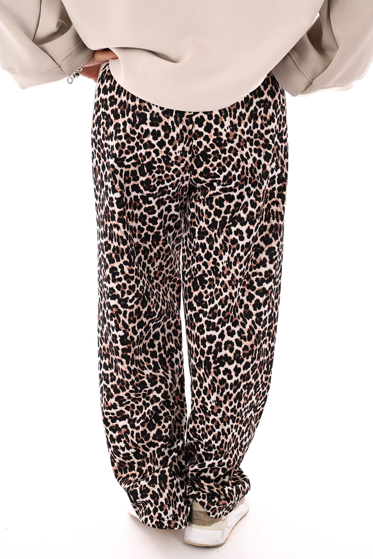 Wijde panterprint broek brede bies beige