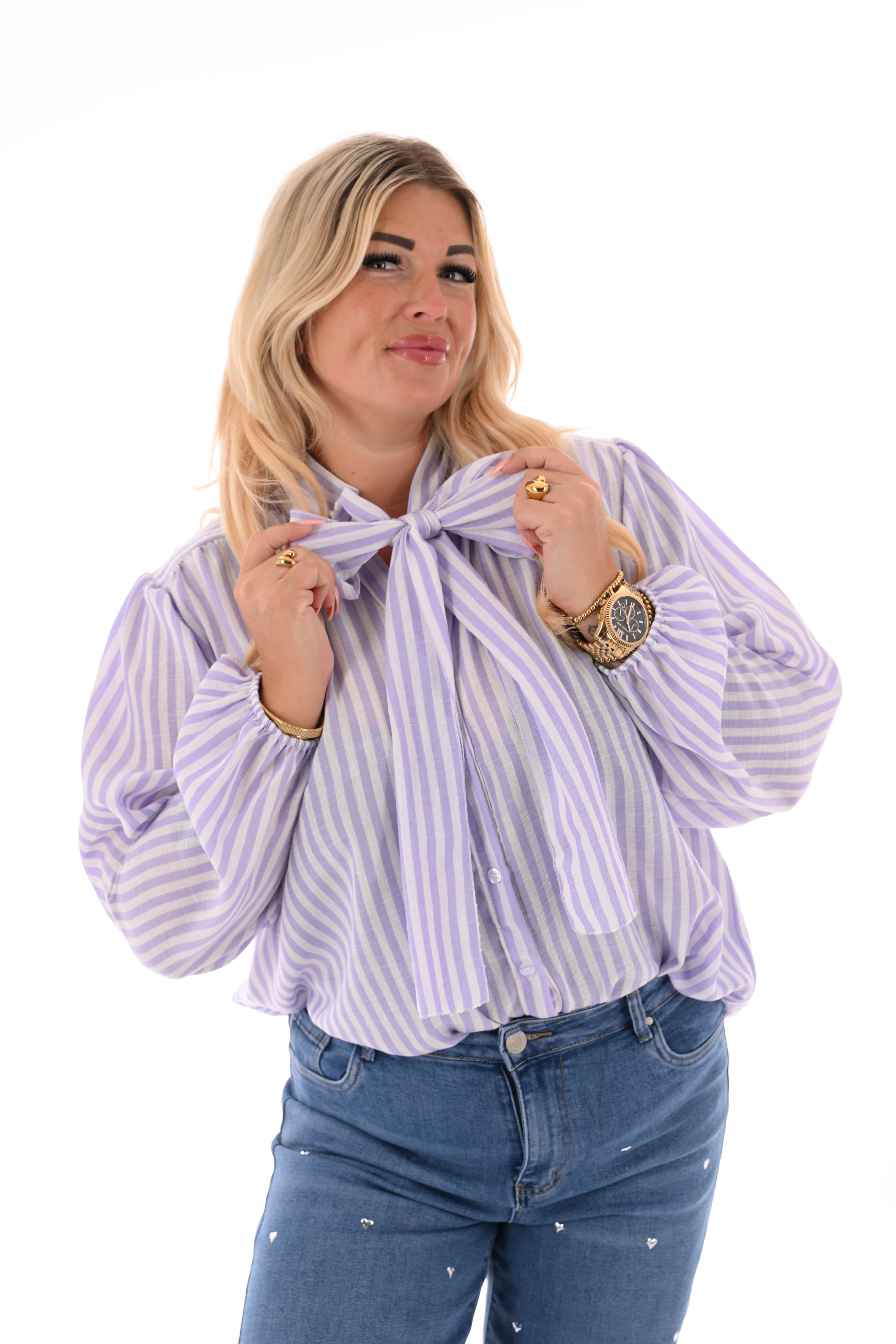 Top lange mouwen streepjes met strik lila