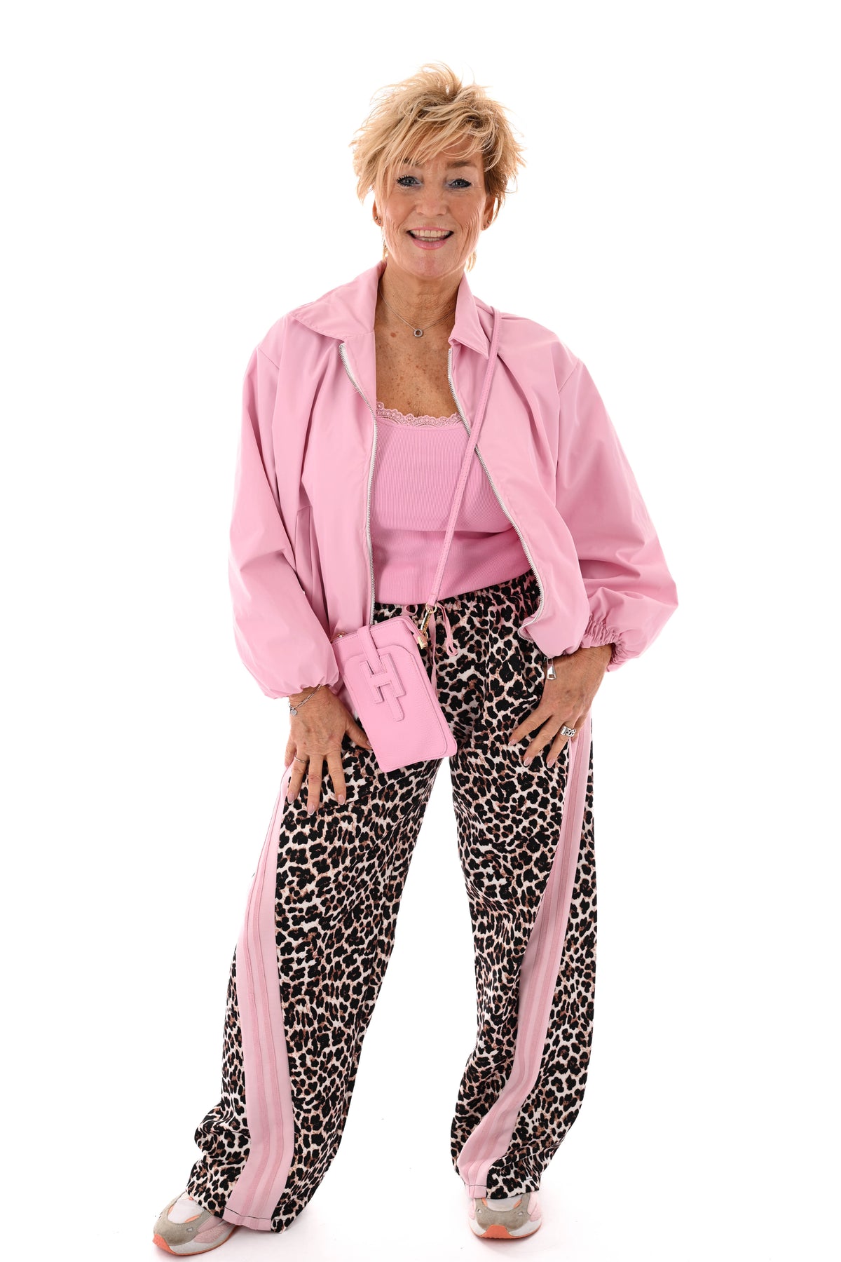 Wijde panterprint broek brede bies lichtroze