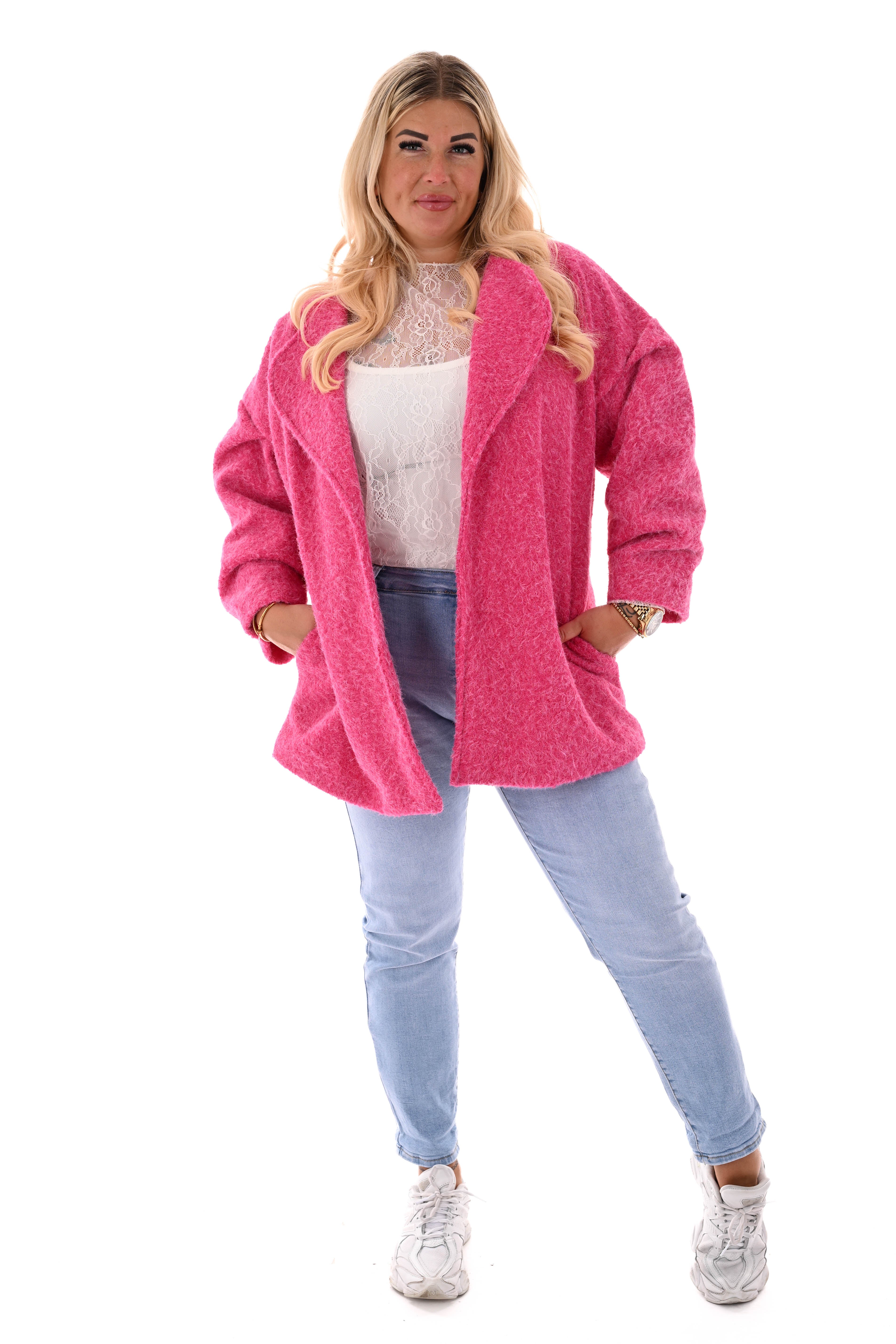 Wavy boucle jasje gedrapeerde mouwen fuchsia