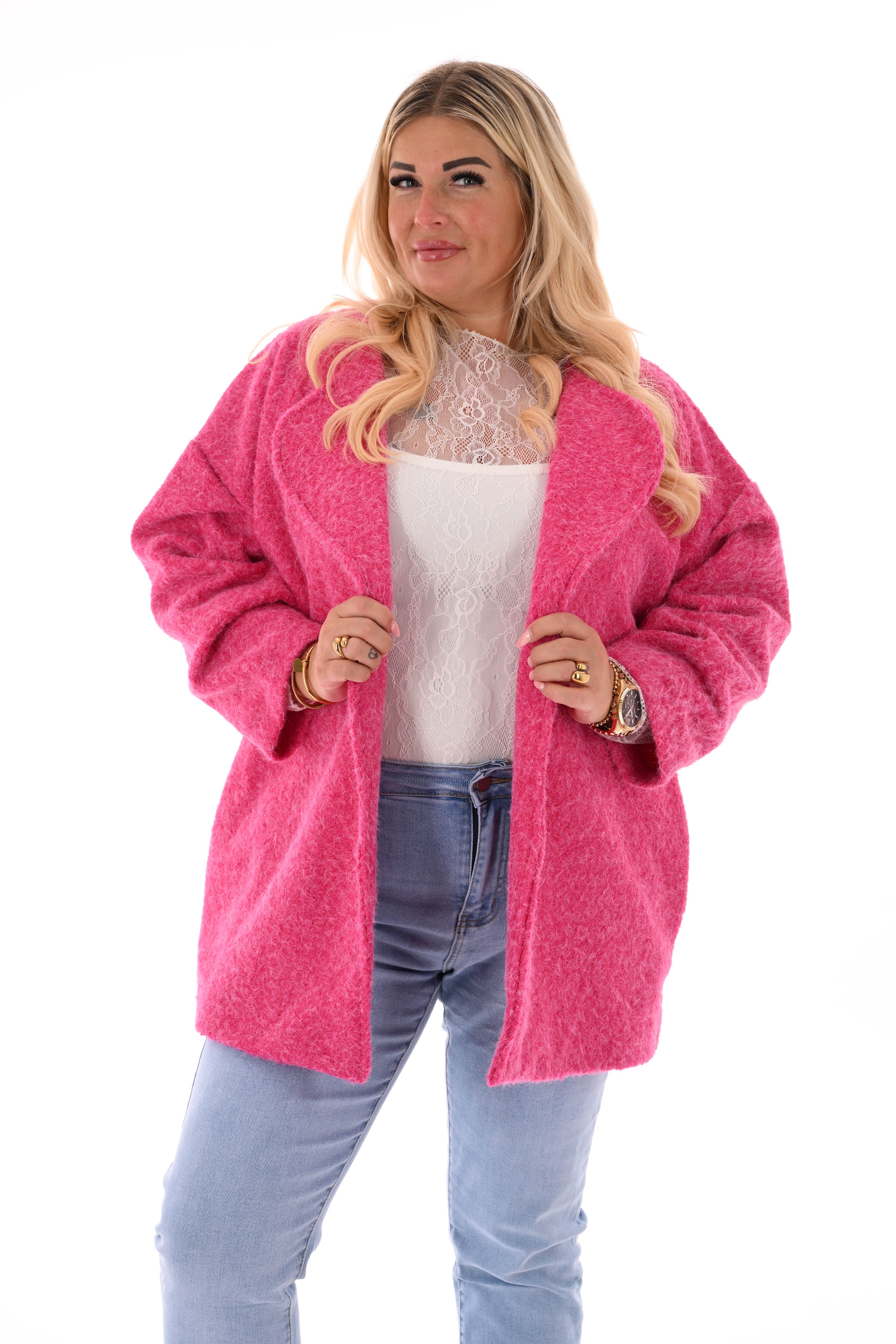 Wavy boucle jasje gedrapeerde mouwen fuchsia