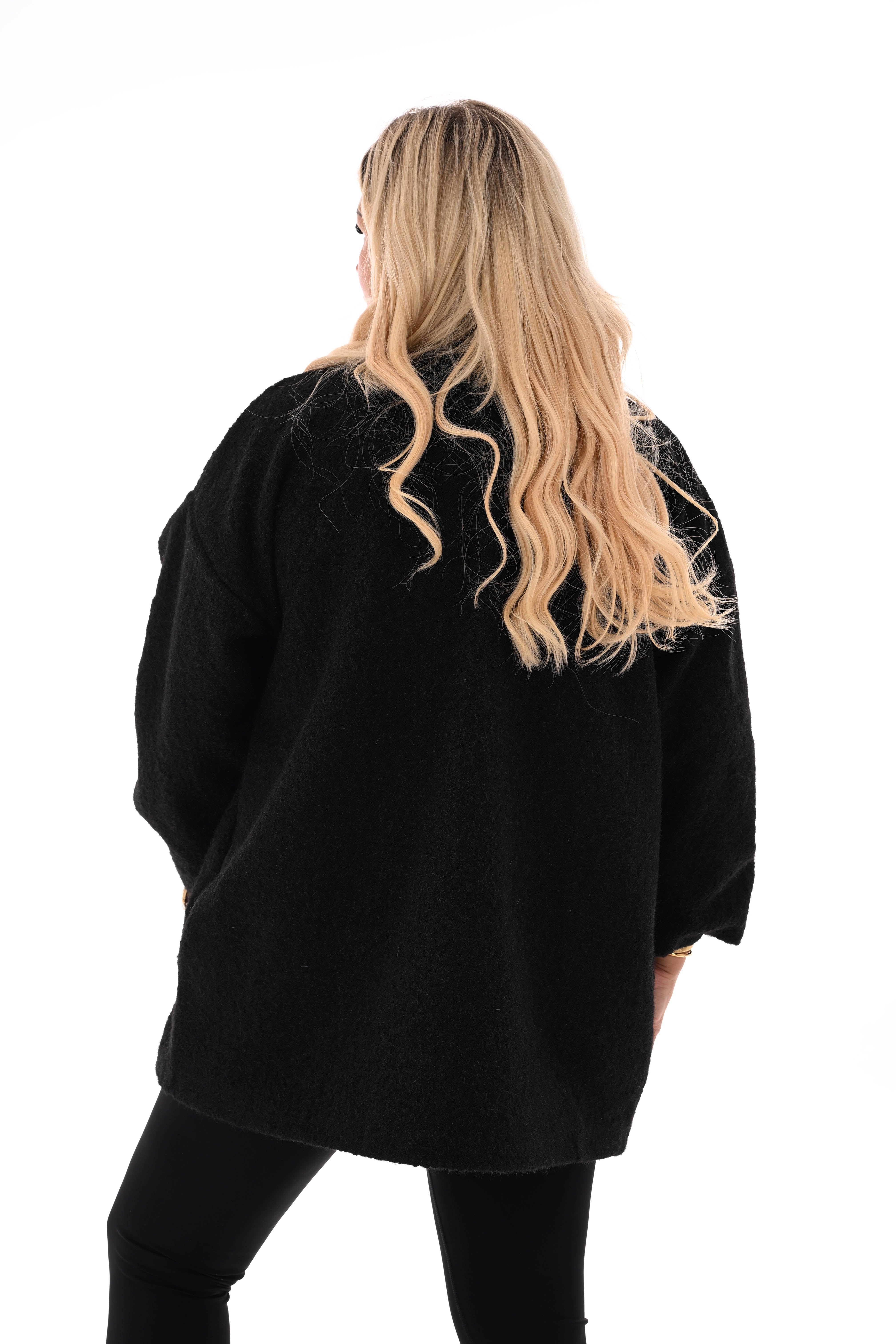 Wavy boucle jasje gedrapeerde mouwen zwart