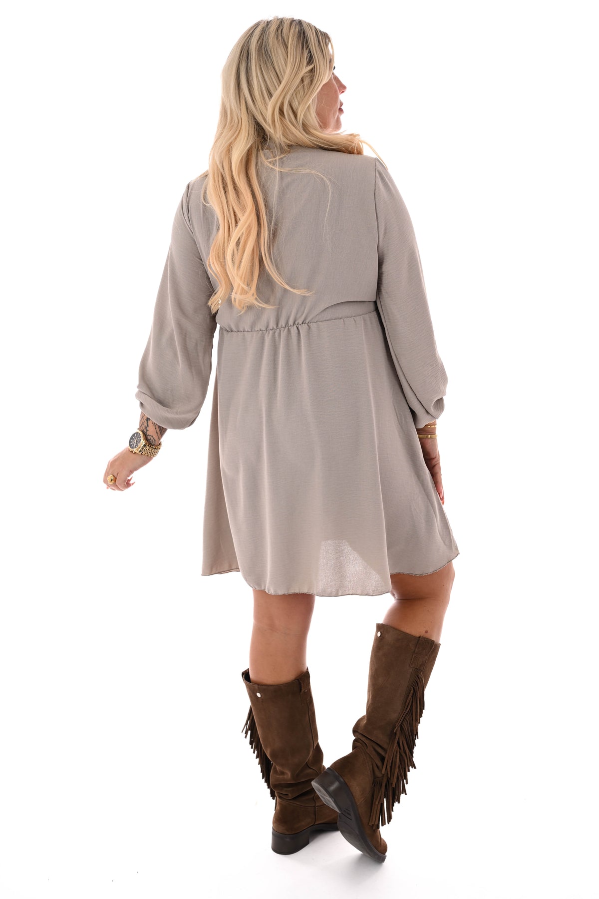 Korte jurk lange mouwen met strik uni taupe