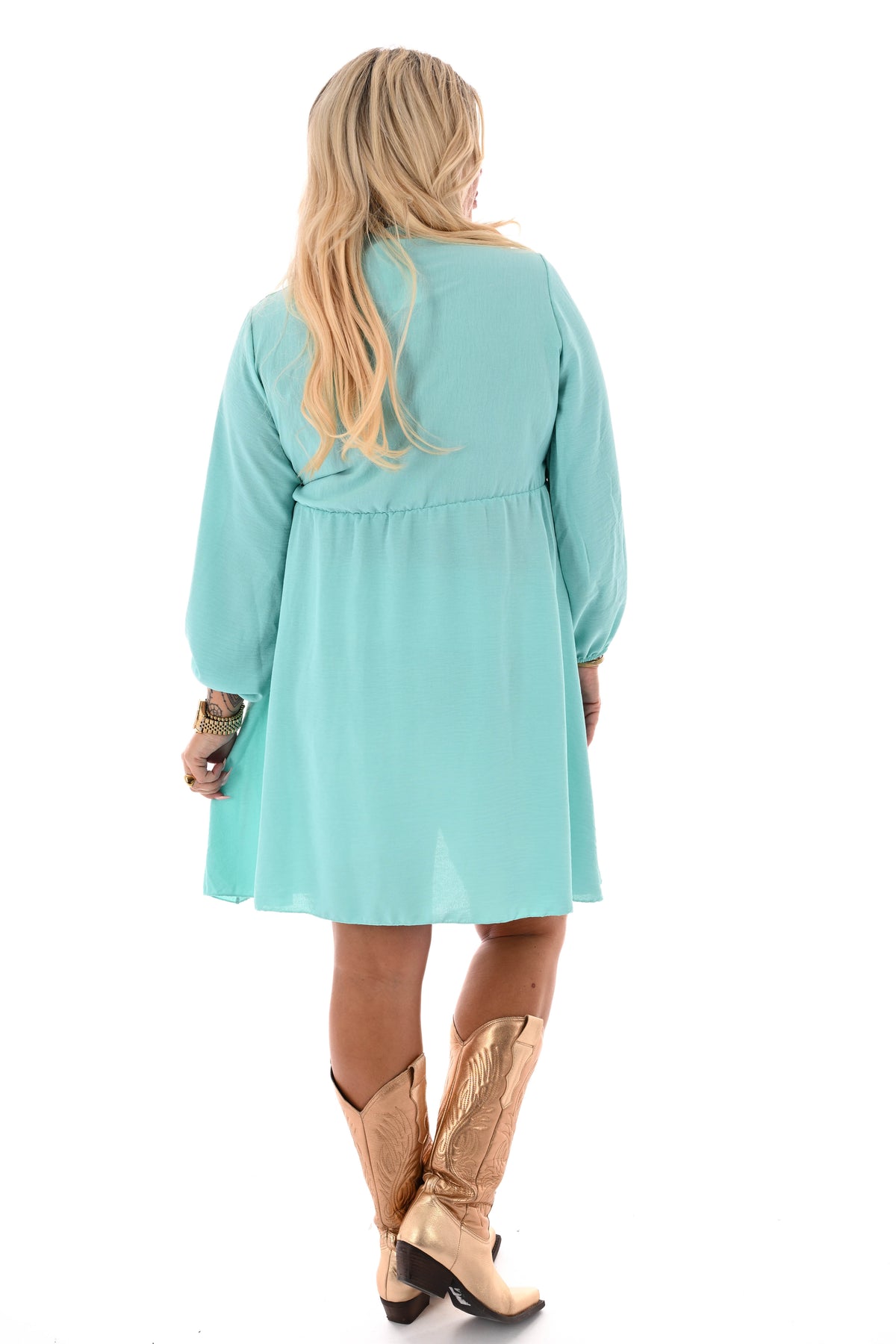 Korte jurk lange mouwen met strik uni turquoise