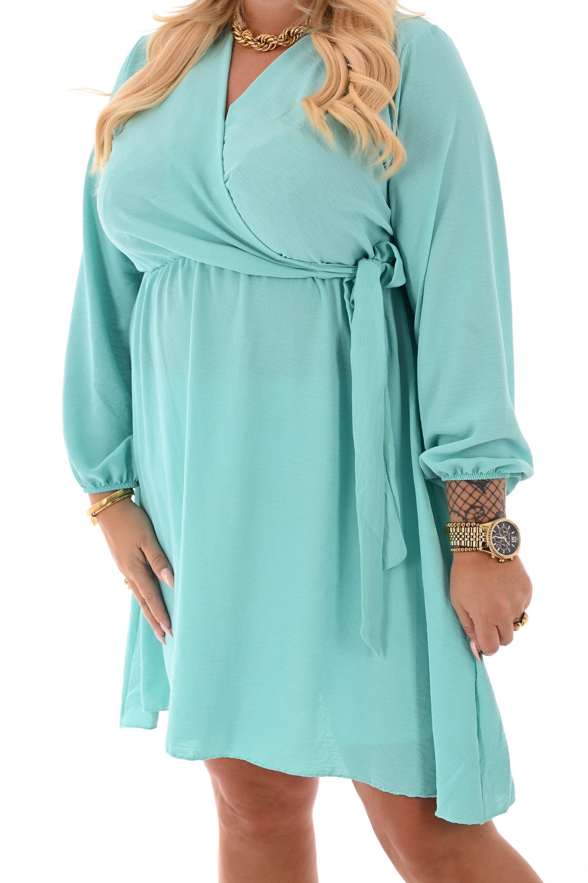 Korte jurk lange mouwen met strik uni turquoise