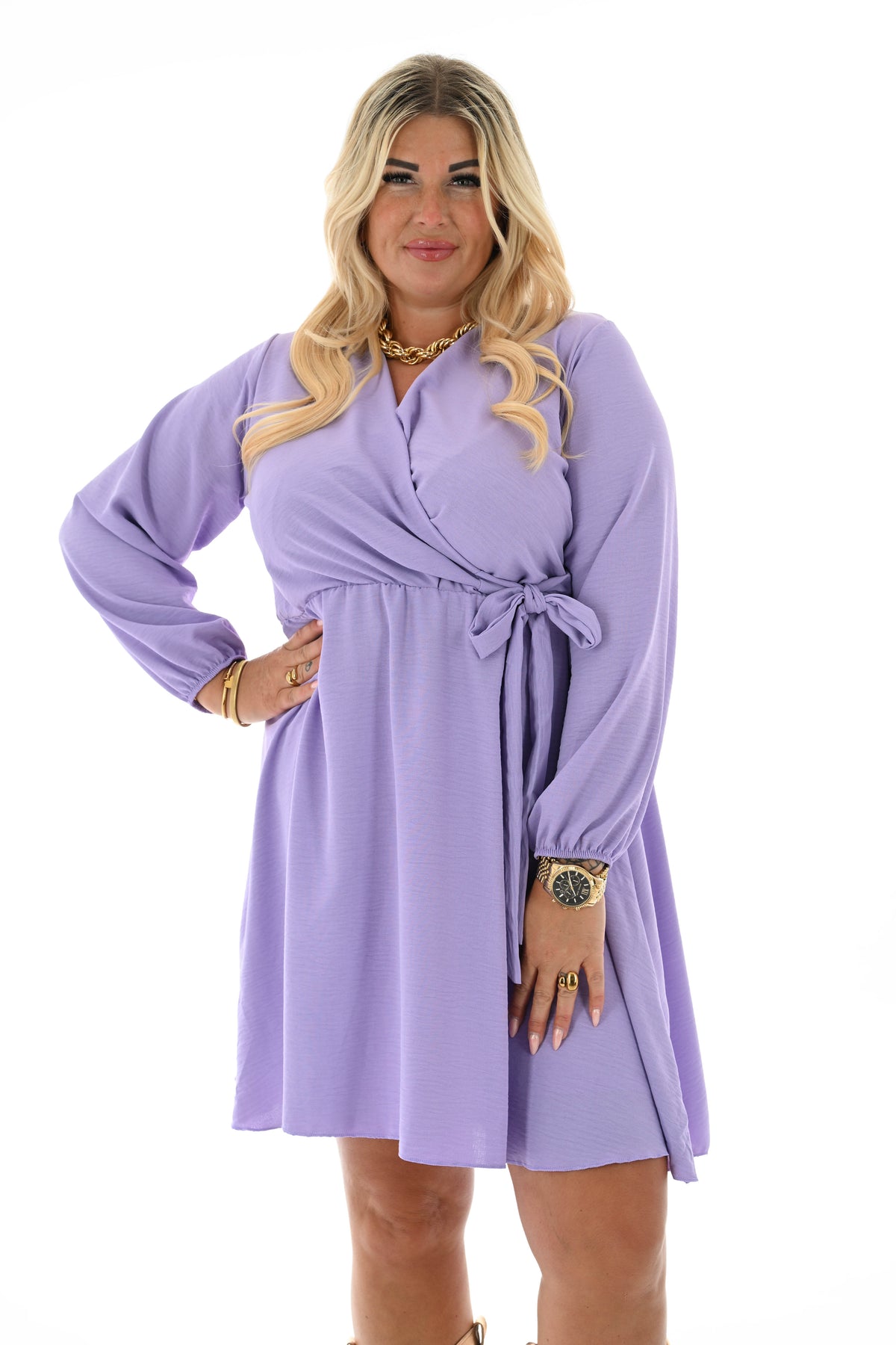 Korte jurk lange mouwen met strik uni lila