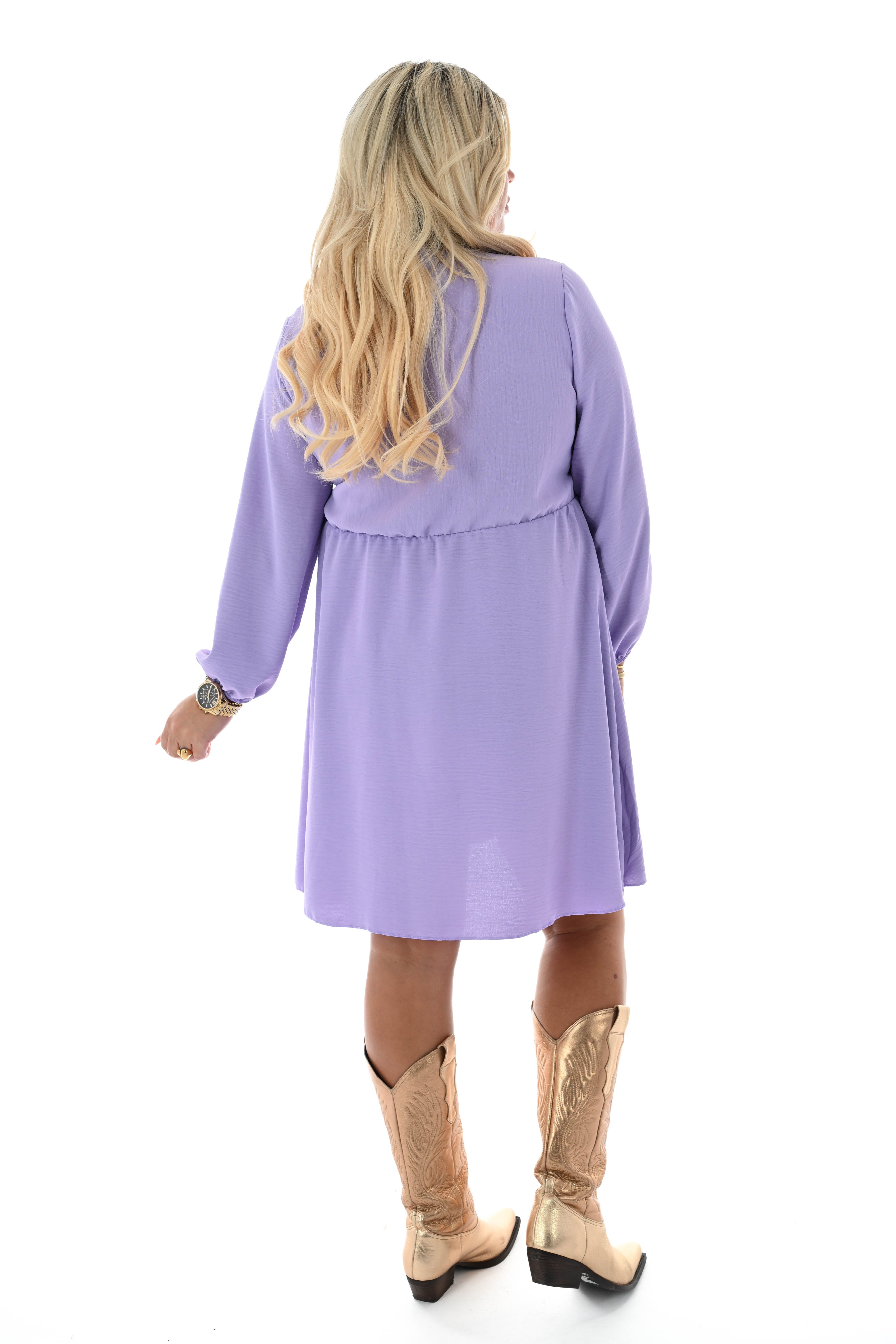 Korte jurk lange mouwen met strik uni lila