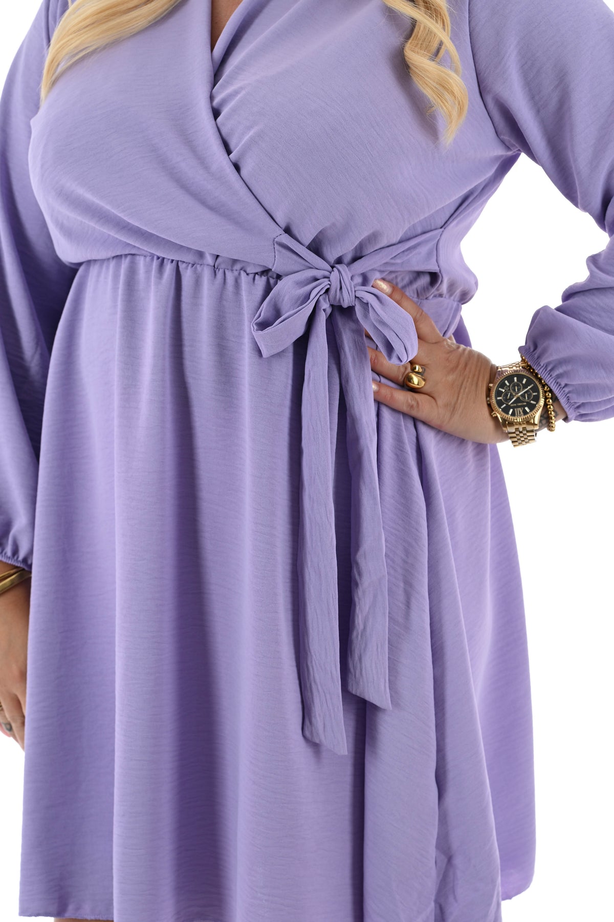 Korte jurk lange mouwen met strik uni lila