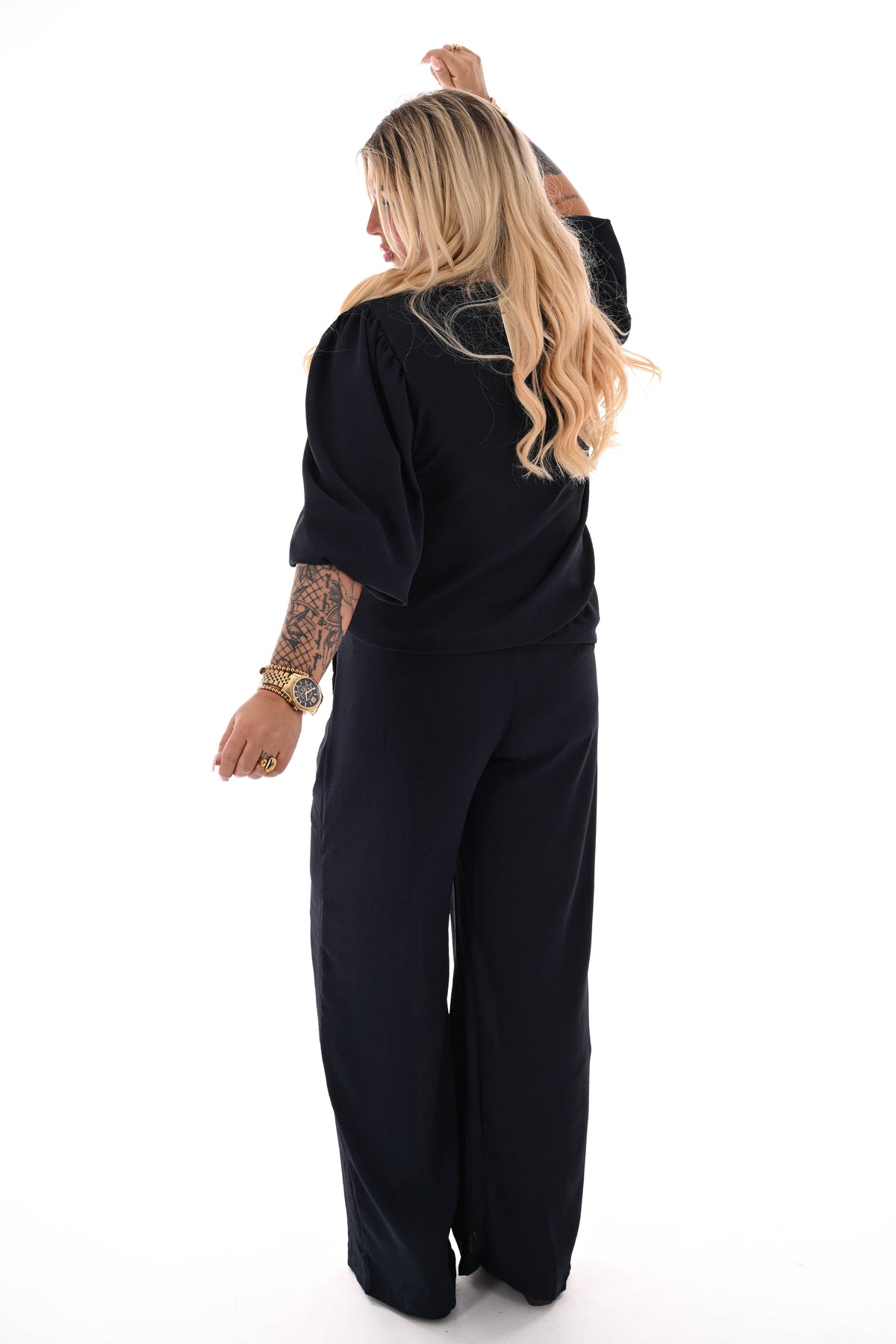 Tweedelig pak 3/4e pofmouwen uni marineblauw