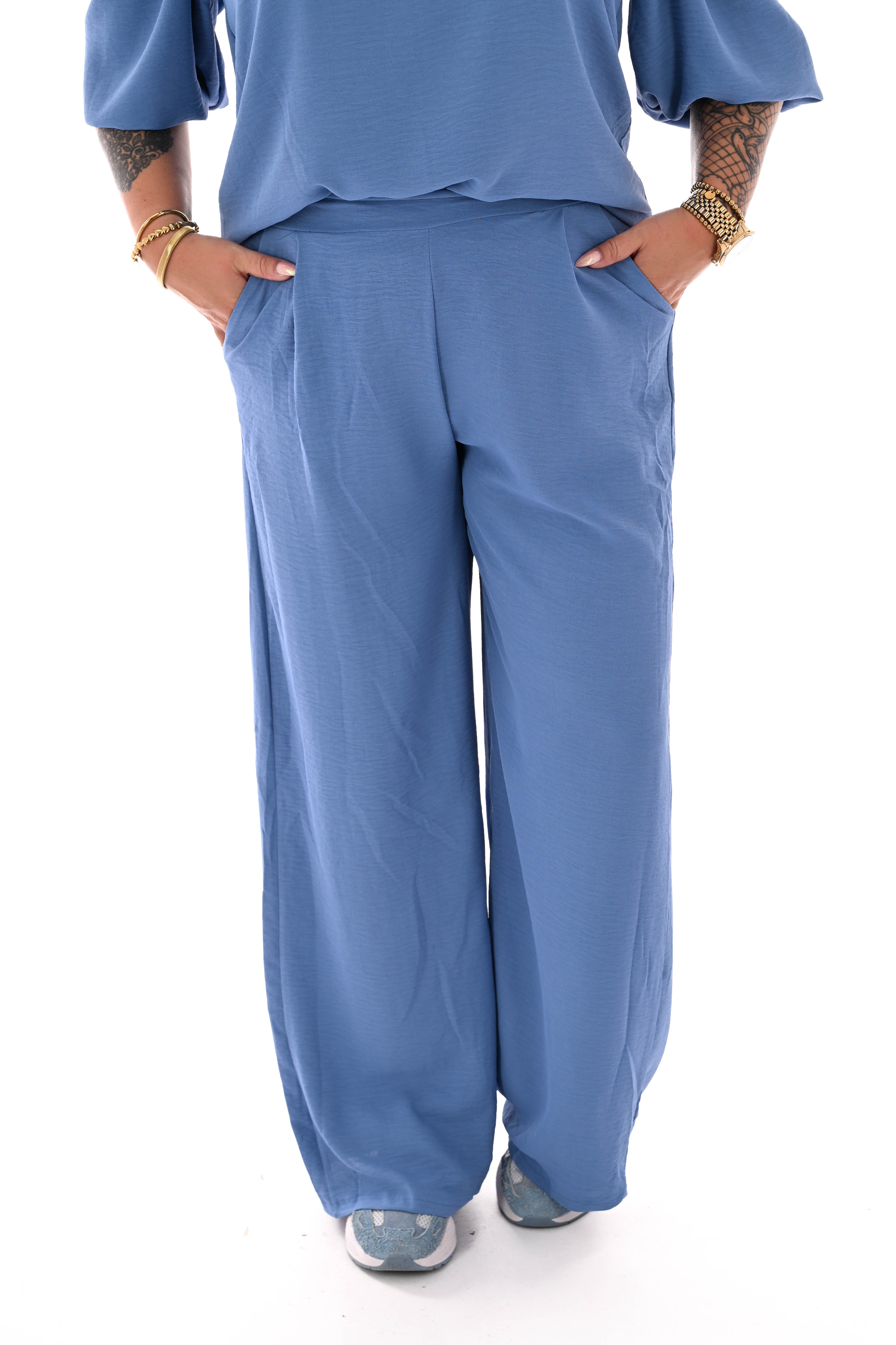 Tweedelig pak 3/4e pofmouwen uni jeansblauw