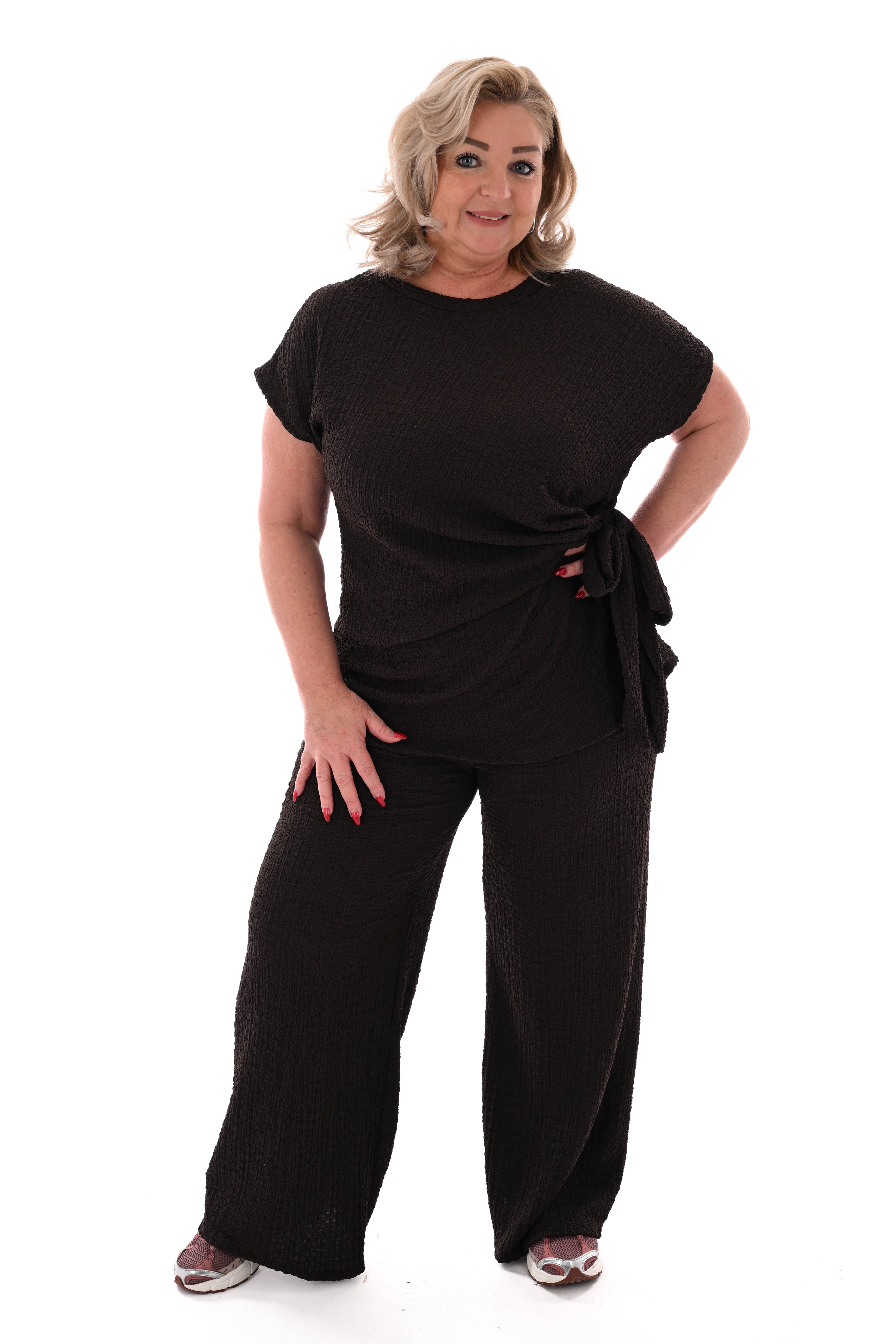 Tweedelig set crepe met knoop donkerbruin