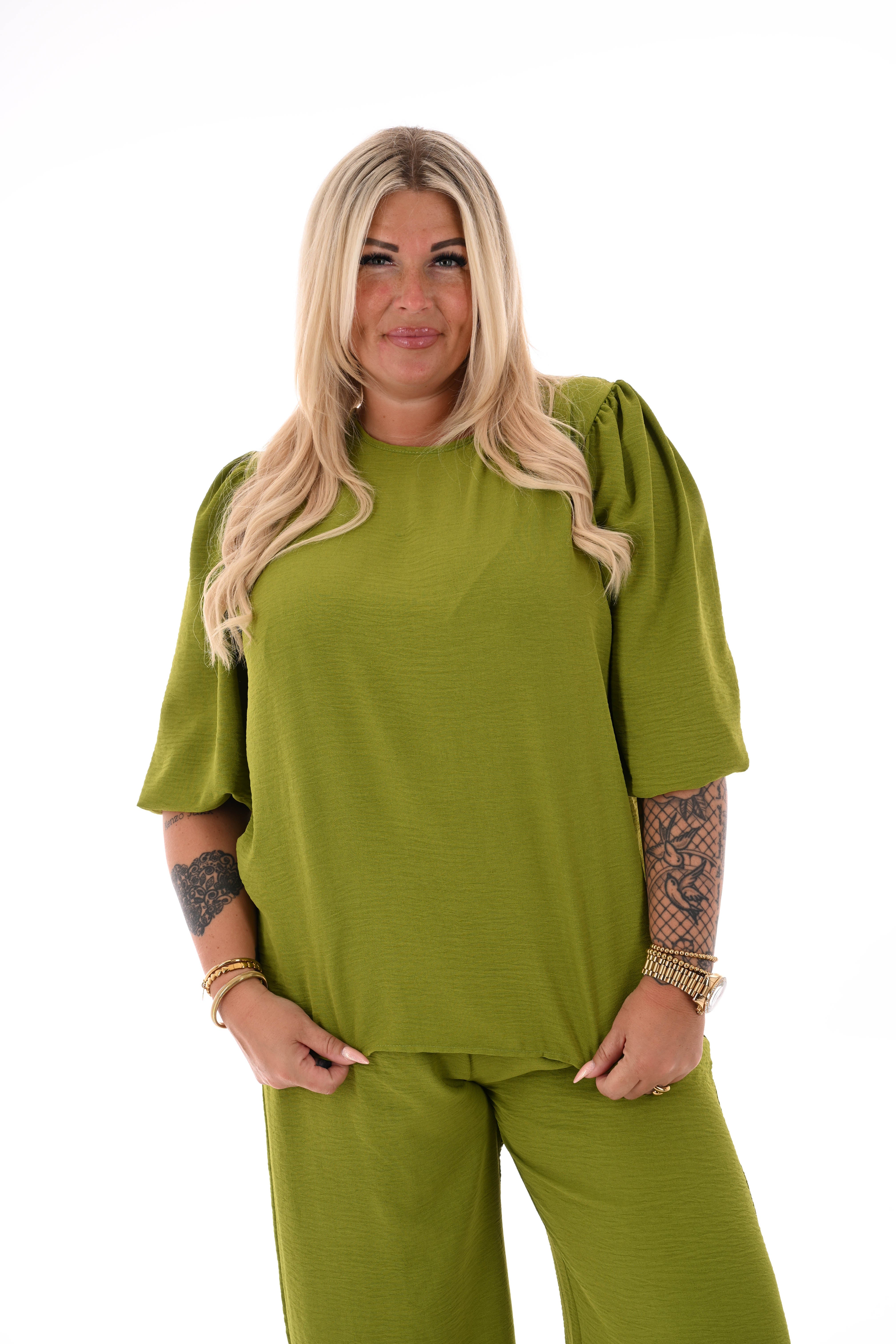 Tweedelig pak 3/4e pofmouwen uni lime