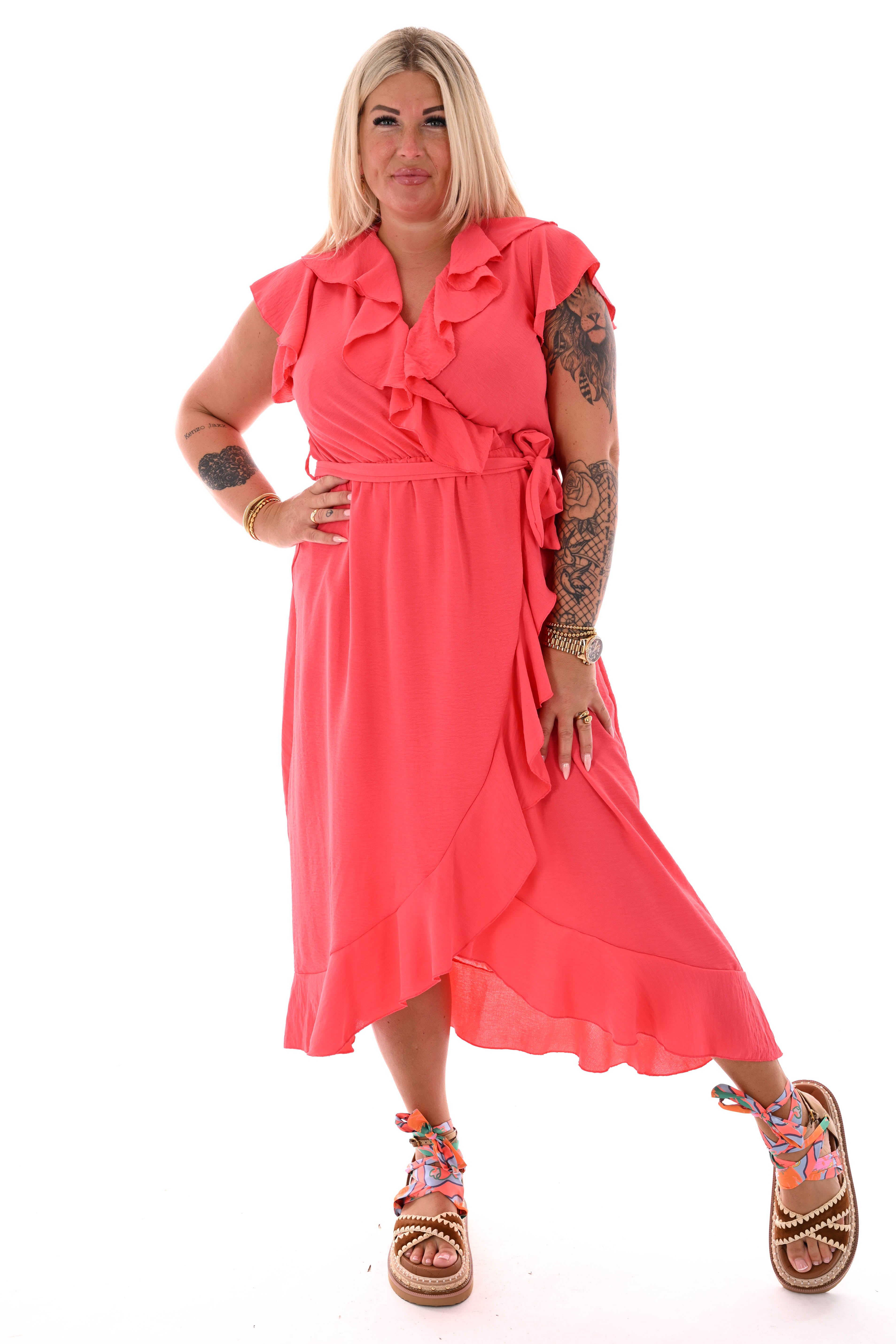 Lange roezel jurk ceintuur koraal