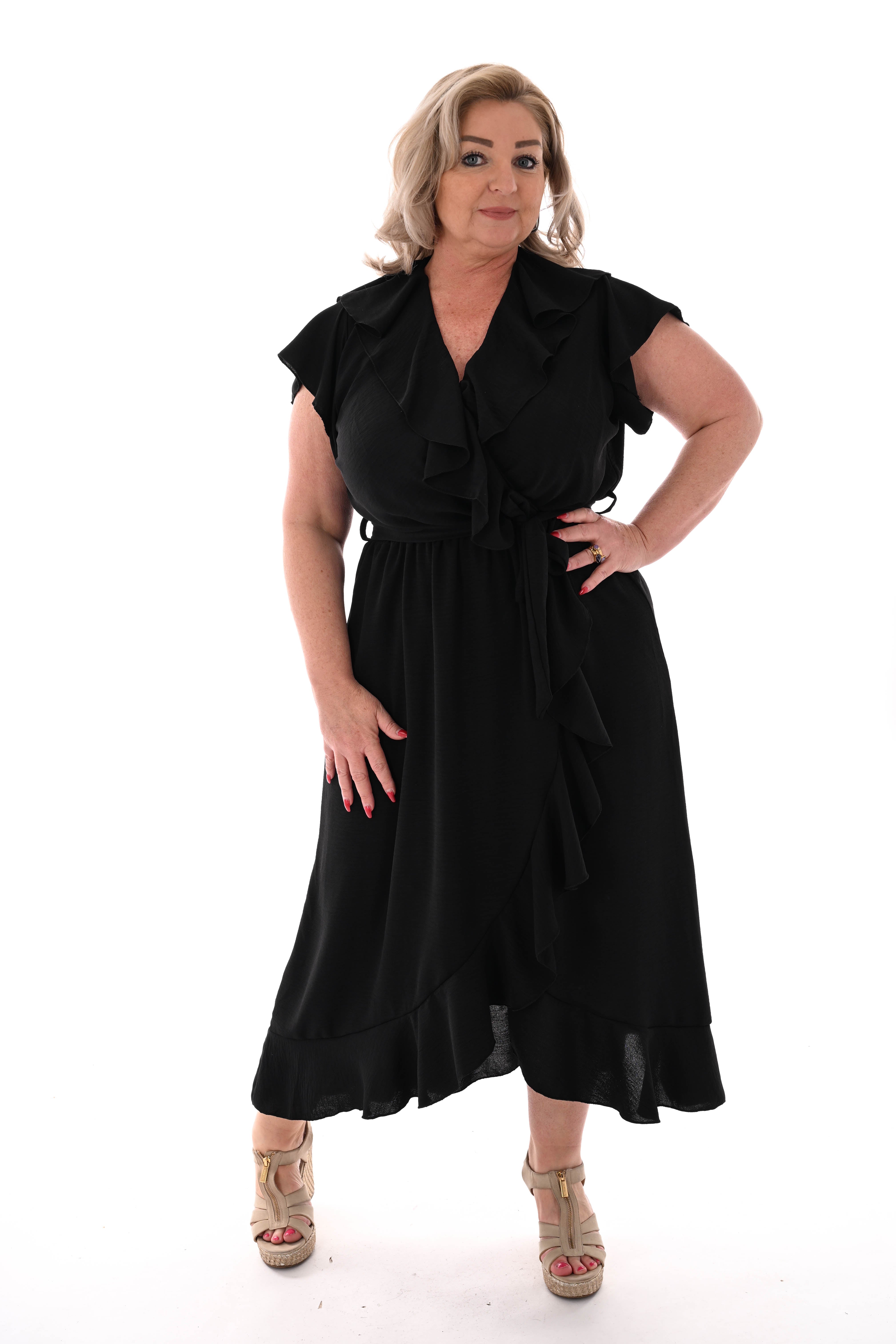 Lange roezel jurk ceintuur zwart