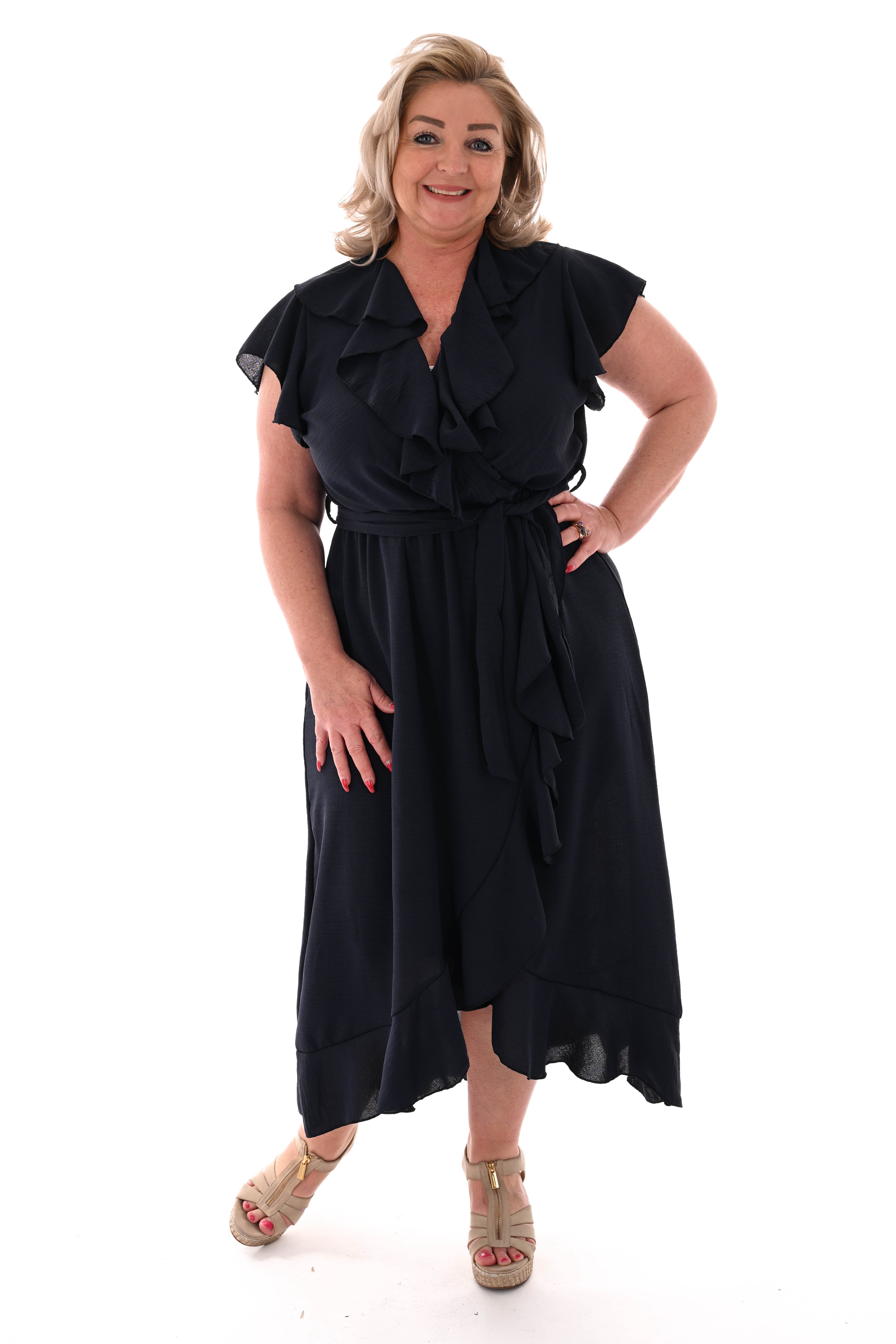 Lange roezel jurk ceintuur marineblauw