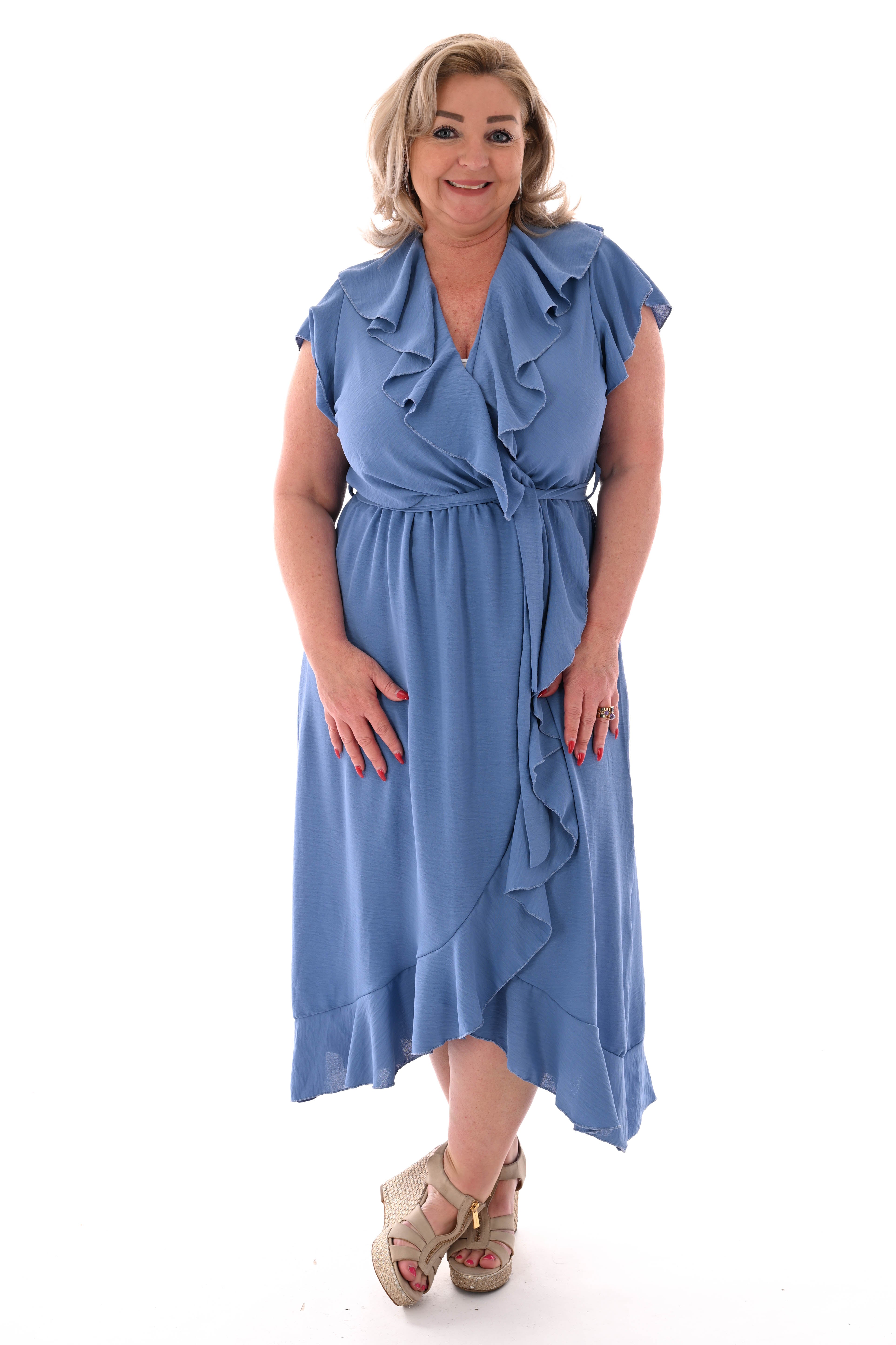 Lange roezel jurk ceintuur jeansblauw