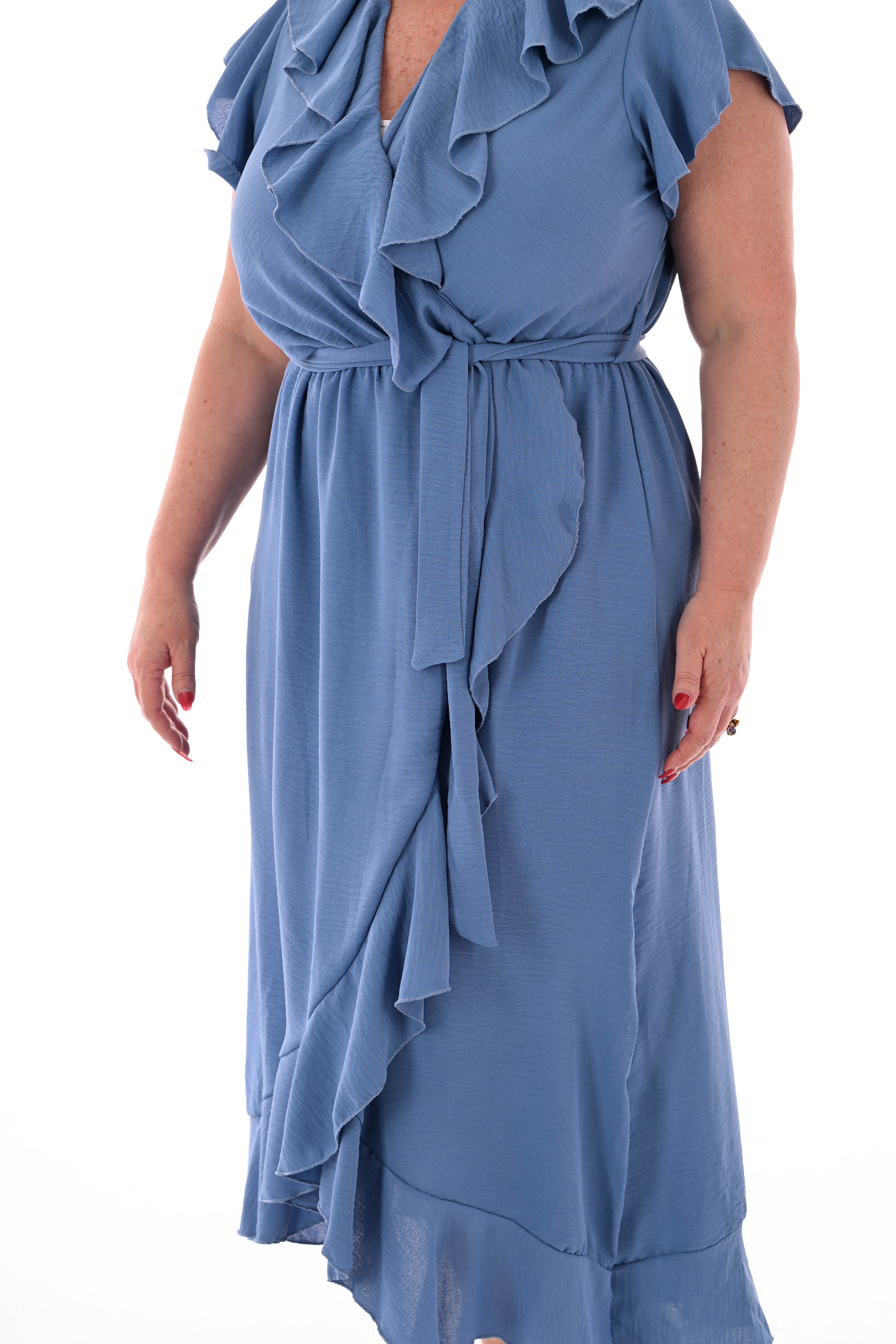 Lange roezel jurk ceintuur jeansblauw