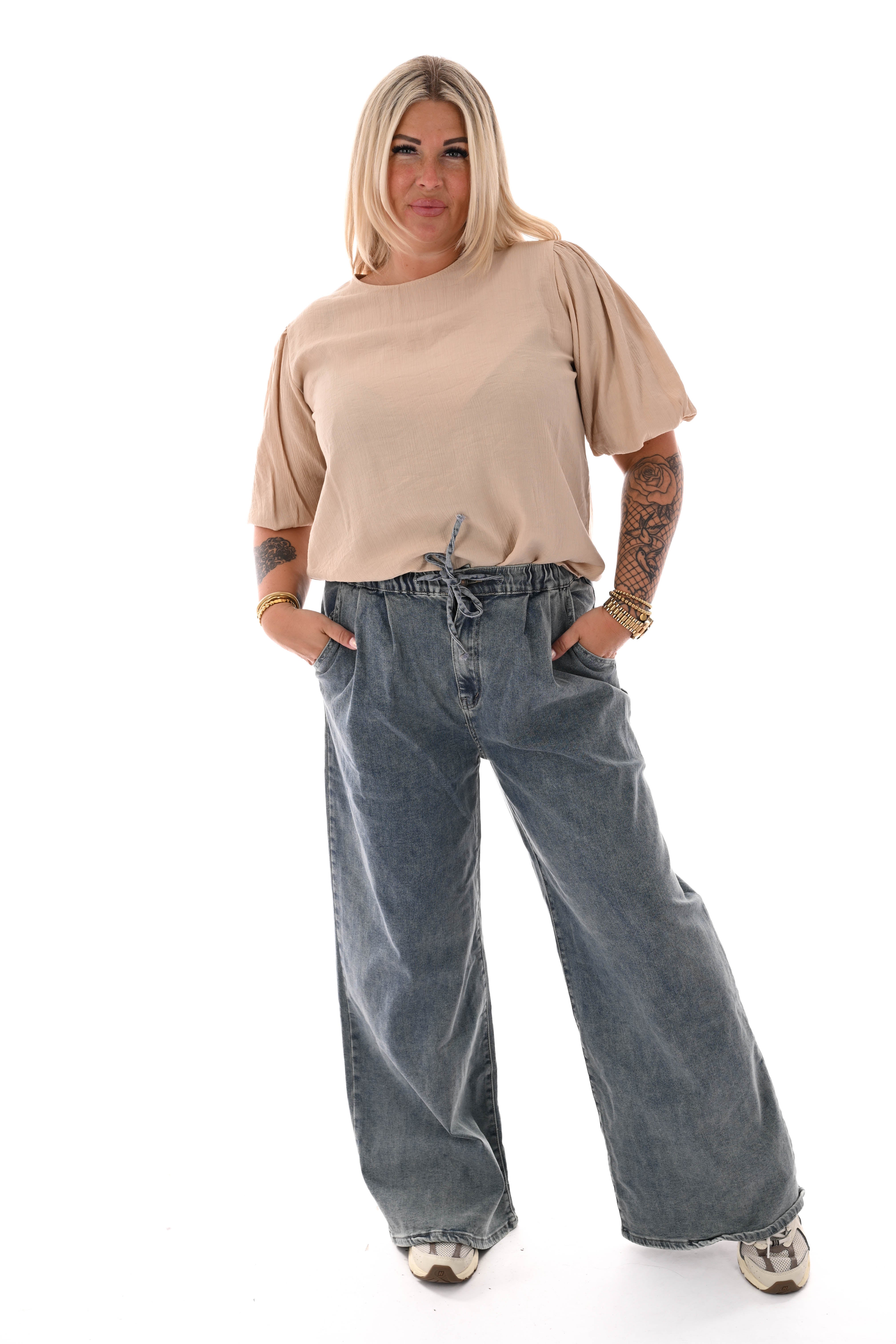 Laulia jeans elastieken taille wide leg stonewash