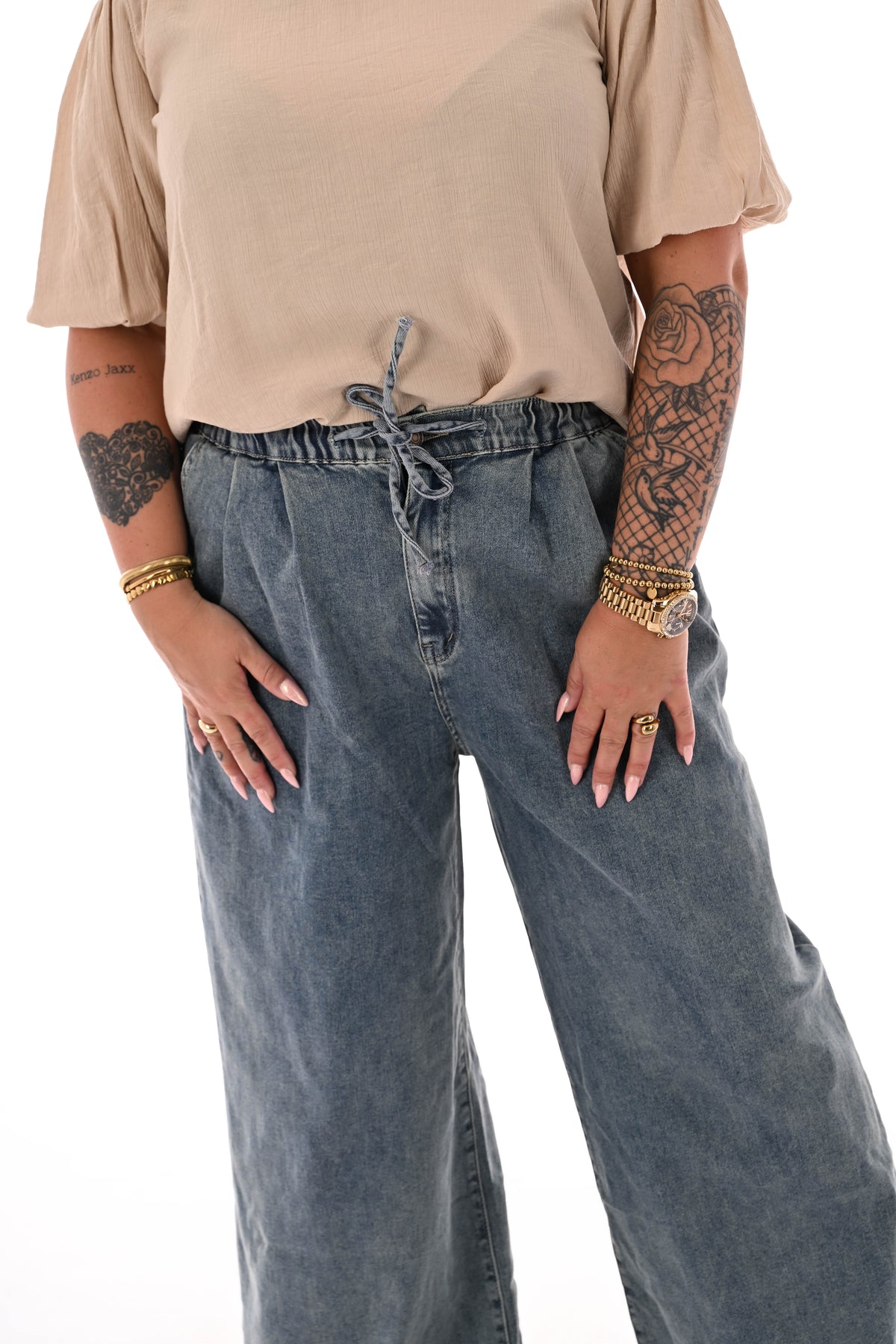 Laulia jeans elastieken taille wide leg stonewash