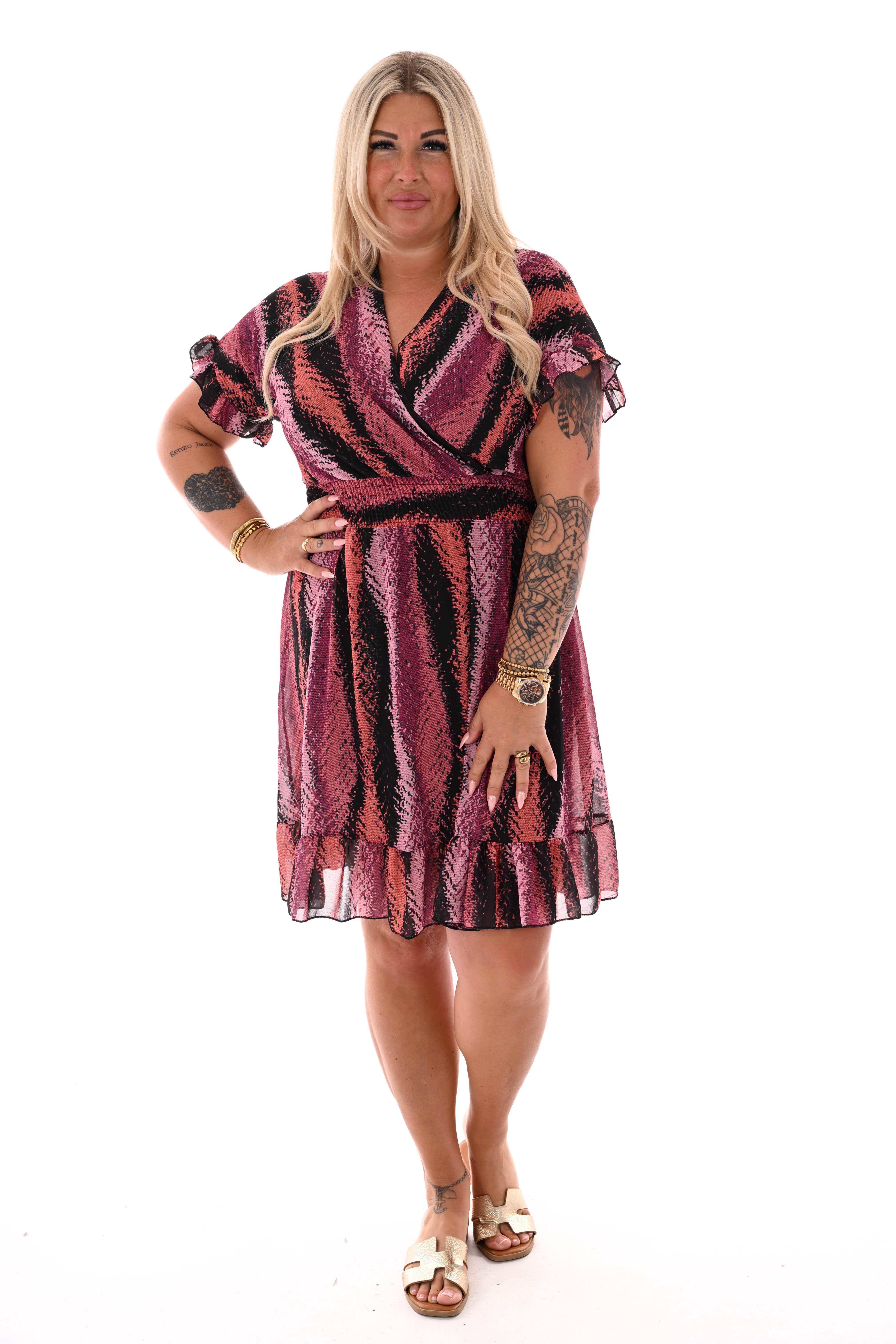 Korte roezel jurk v-hals print snake aubergine