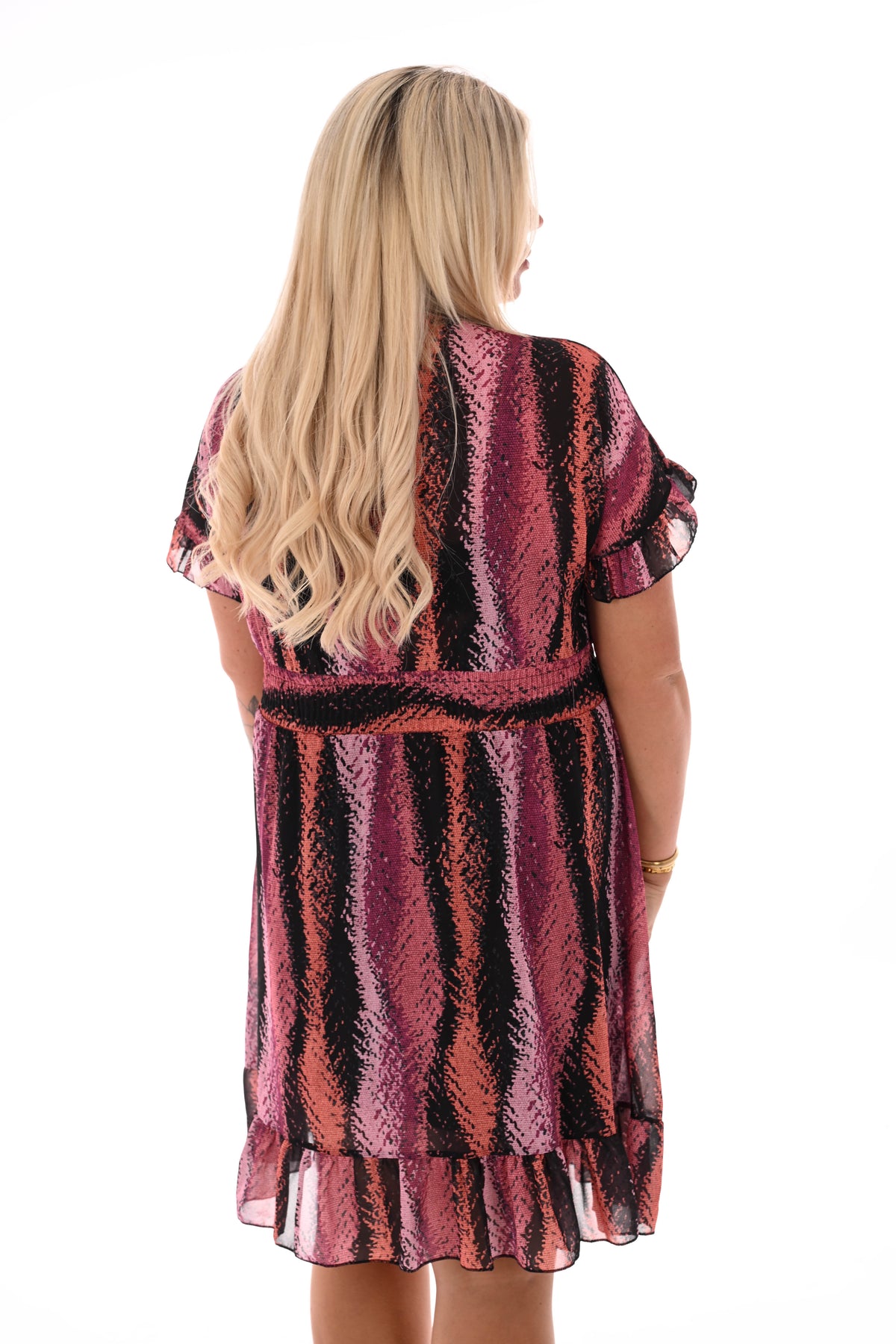 Korte roezel jurk v-hals print snake aubergine