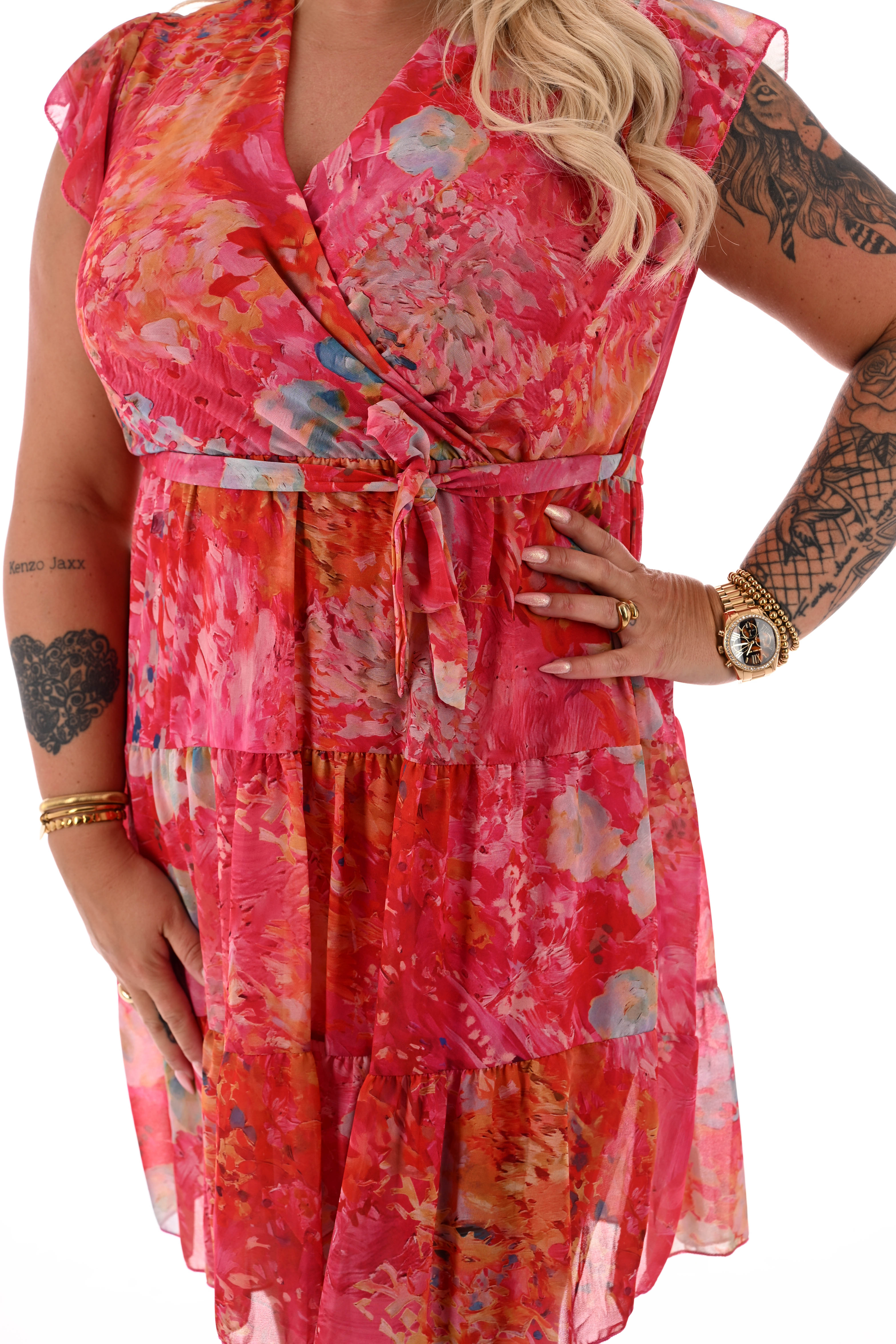 Korte jurk stroken en ceintuur print abstracte bloemen fuchsia