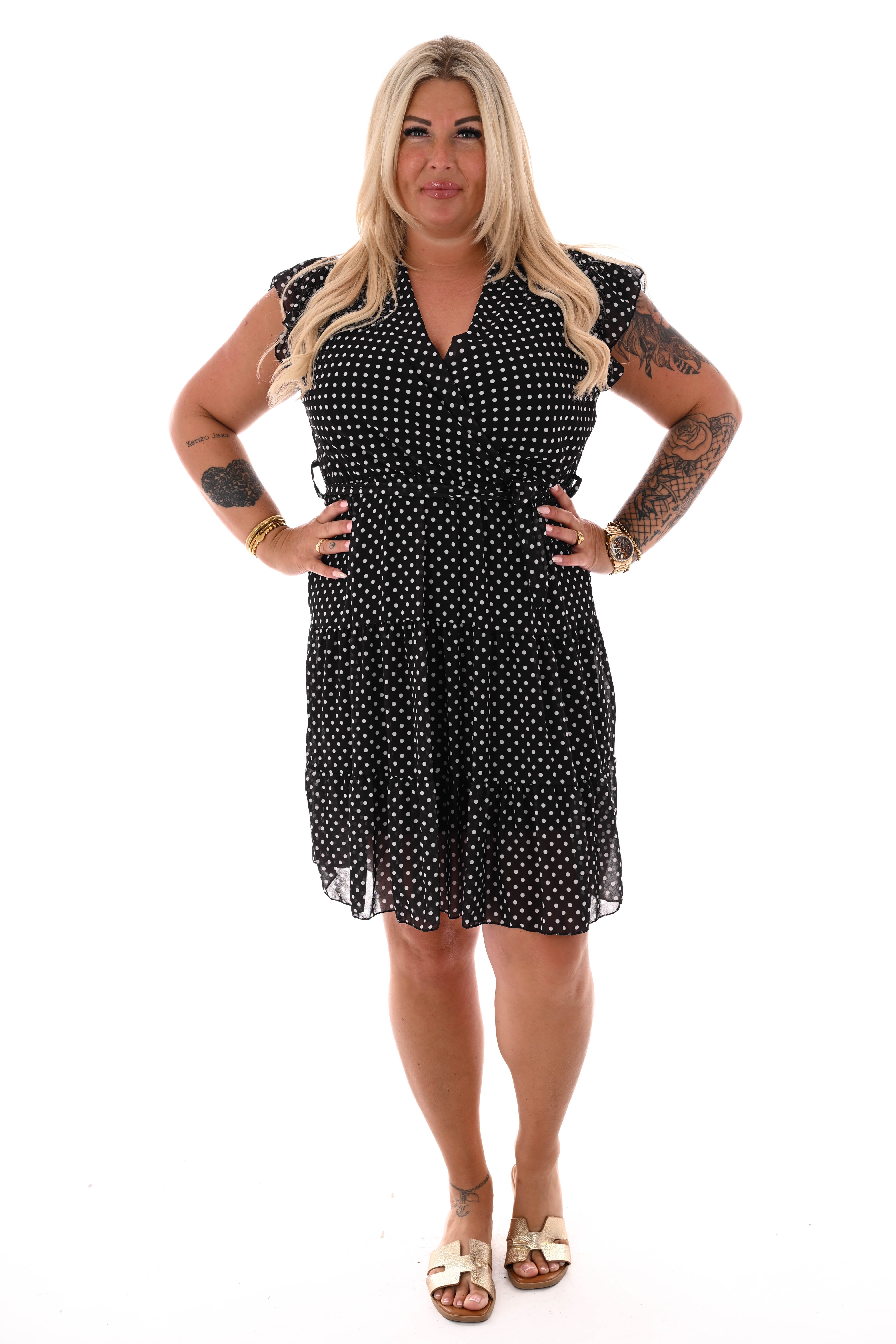 Korte jurk stroken en ceintuur print dots zwart/wit