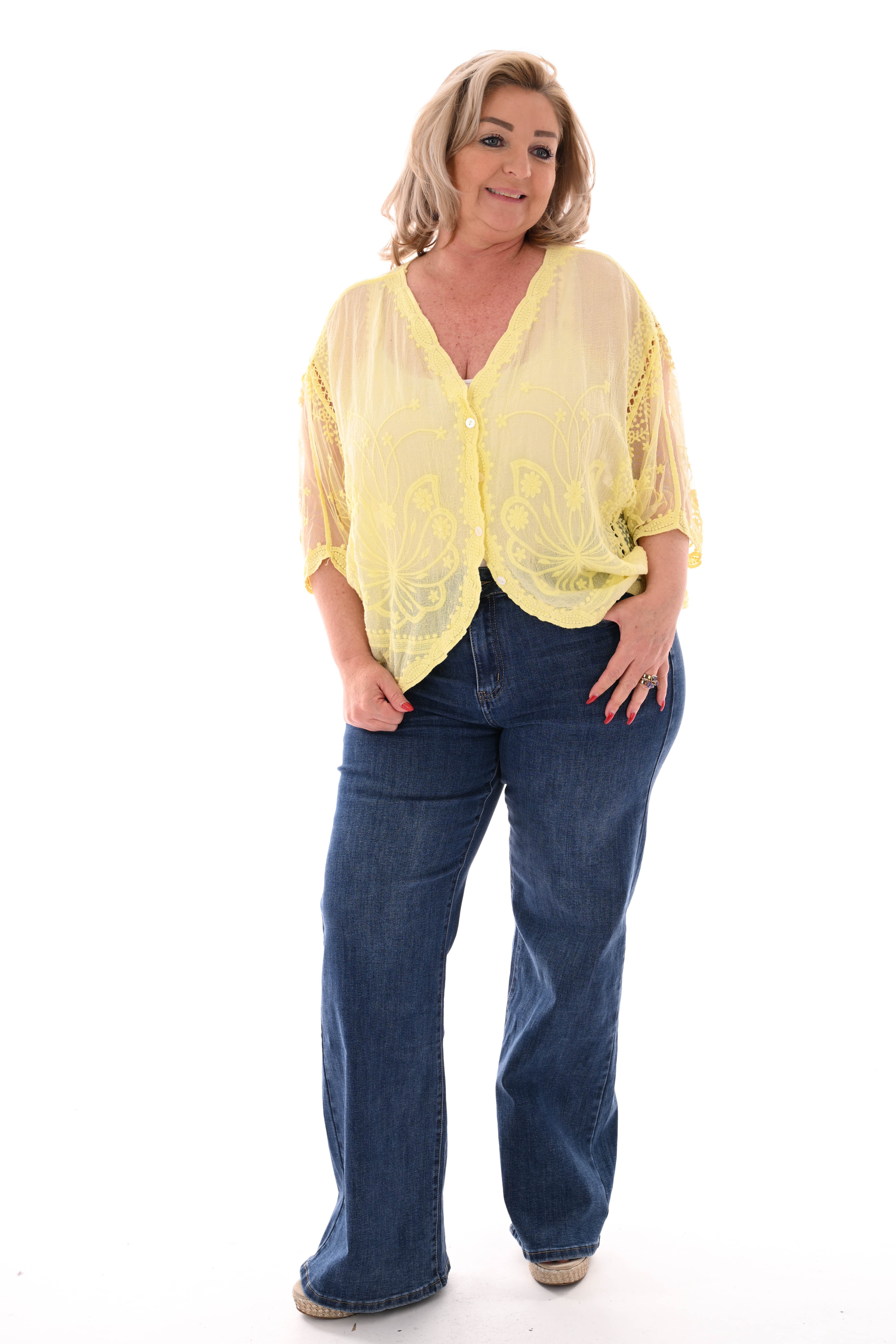 Kort vestje broderie details geel