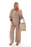 Jumpsuit overslag uni 3/4e pofmouwen taupe