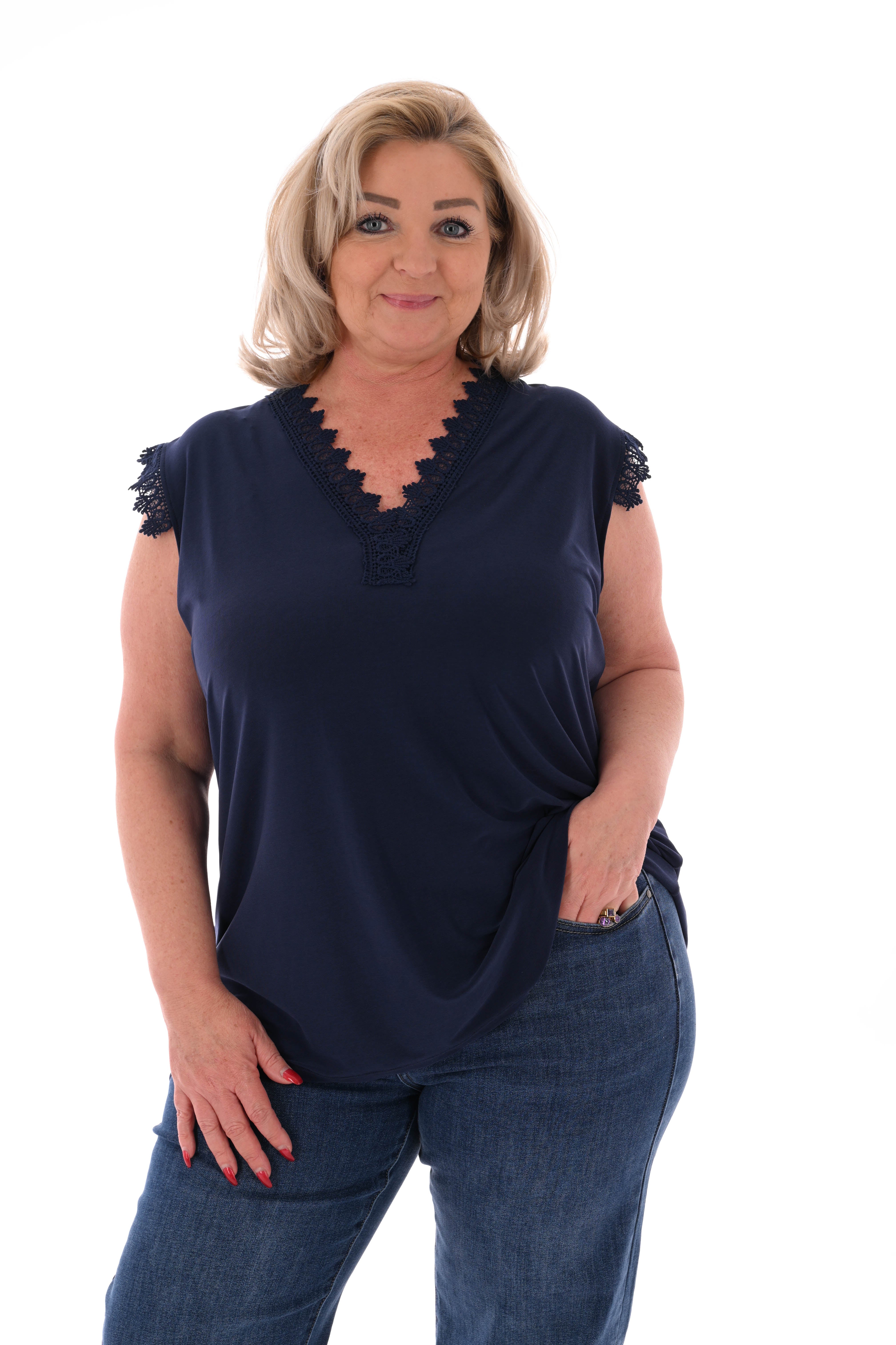 Top mouwloos kanten v-hals marineblauw
