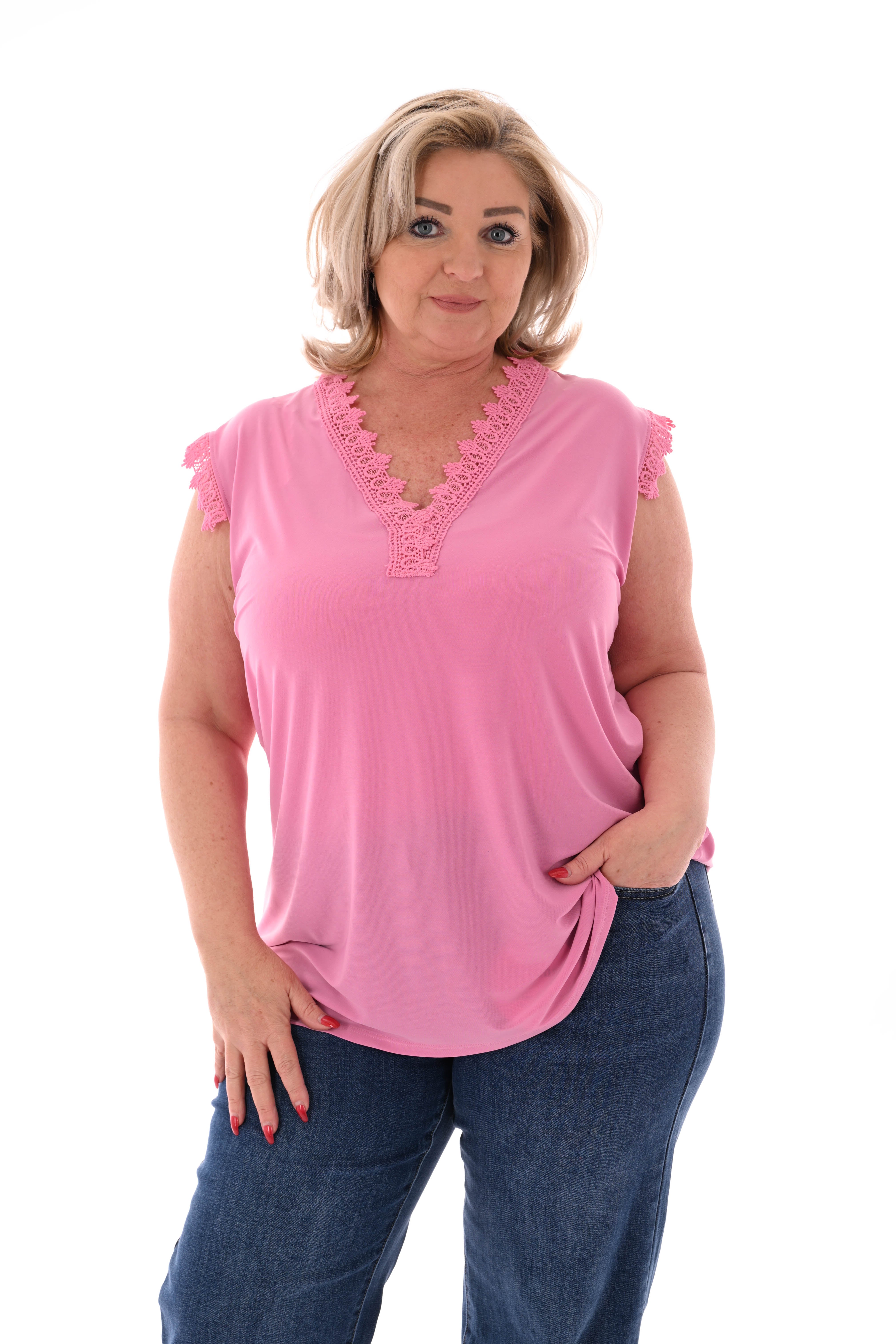 Top mouwloos kanten v-hals roze