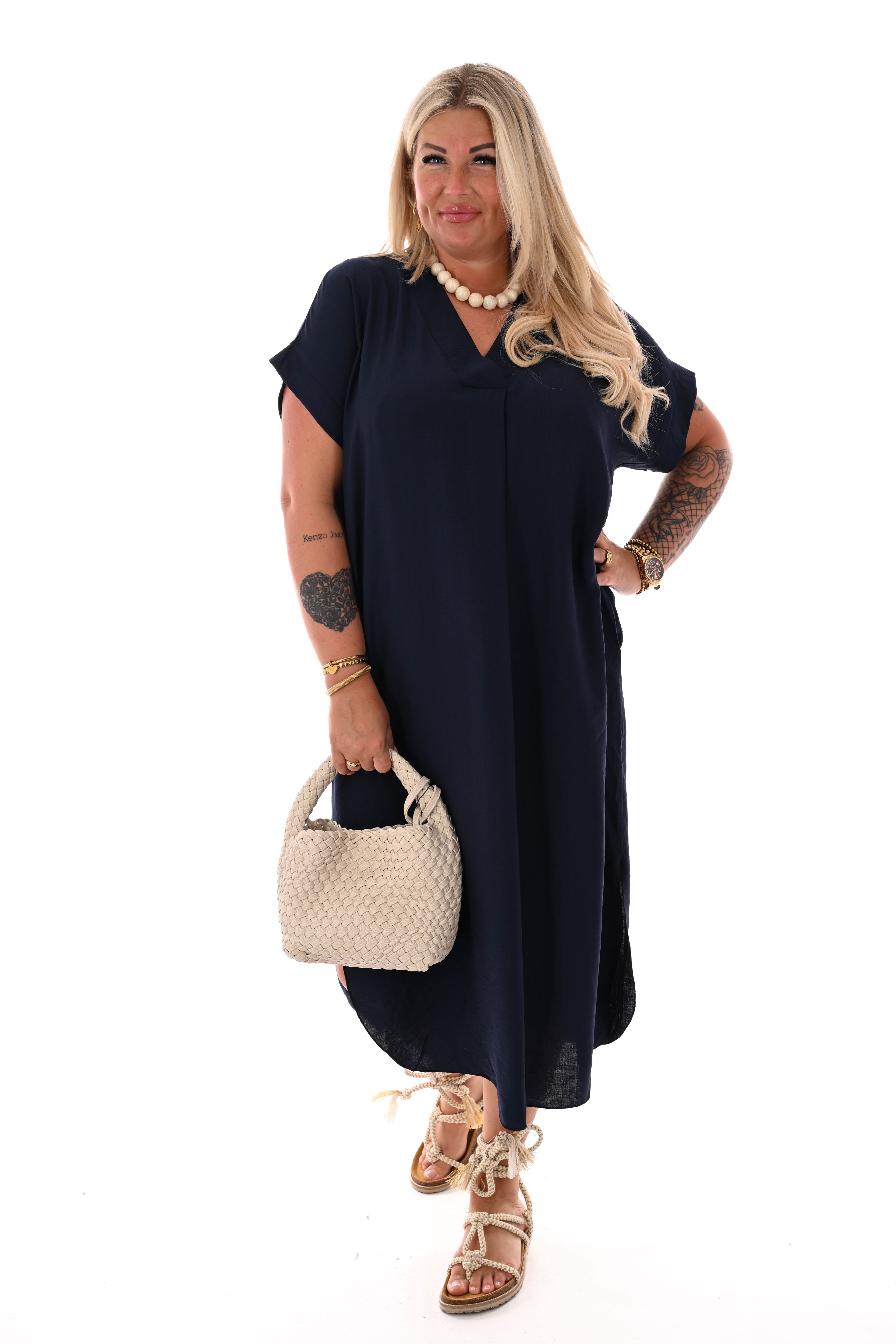 Lange jurk v-hals met zakken marineblauw