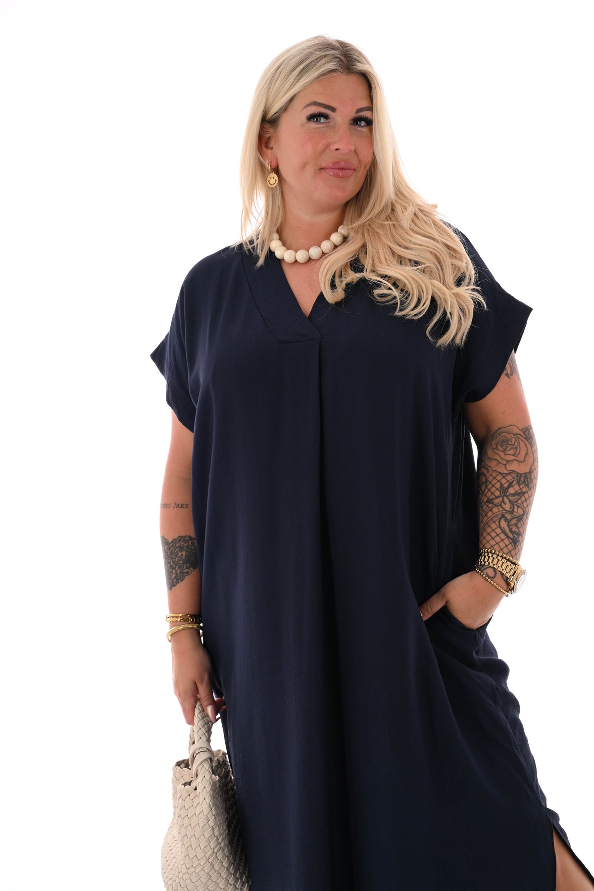 Lange jurk v-hals met zakken marineblauw