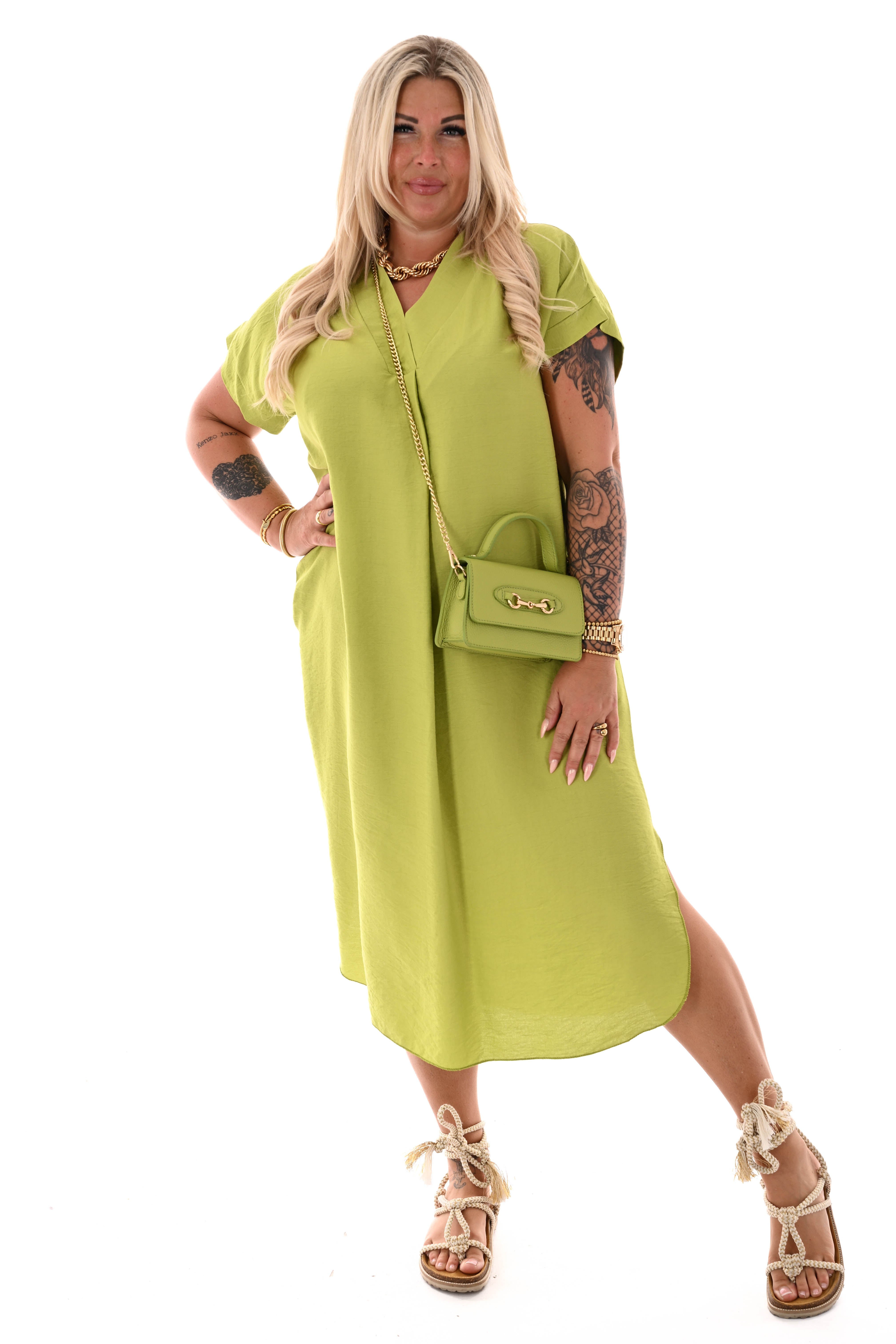 Lange jurk v-hals met zakken lime