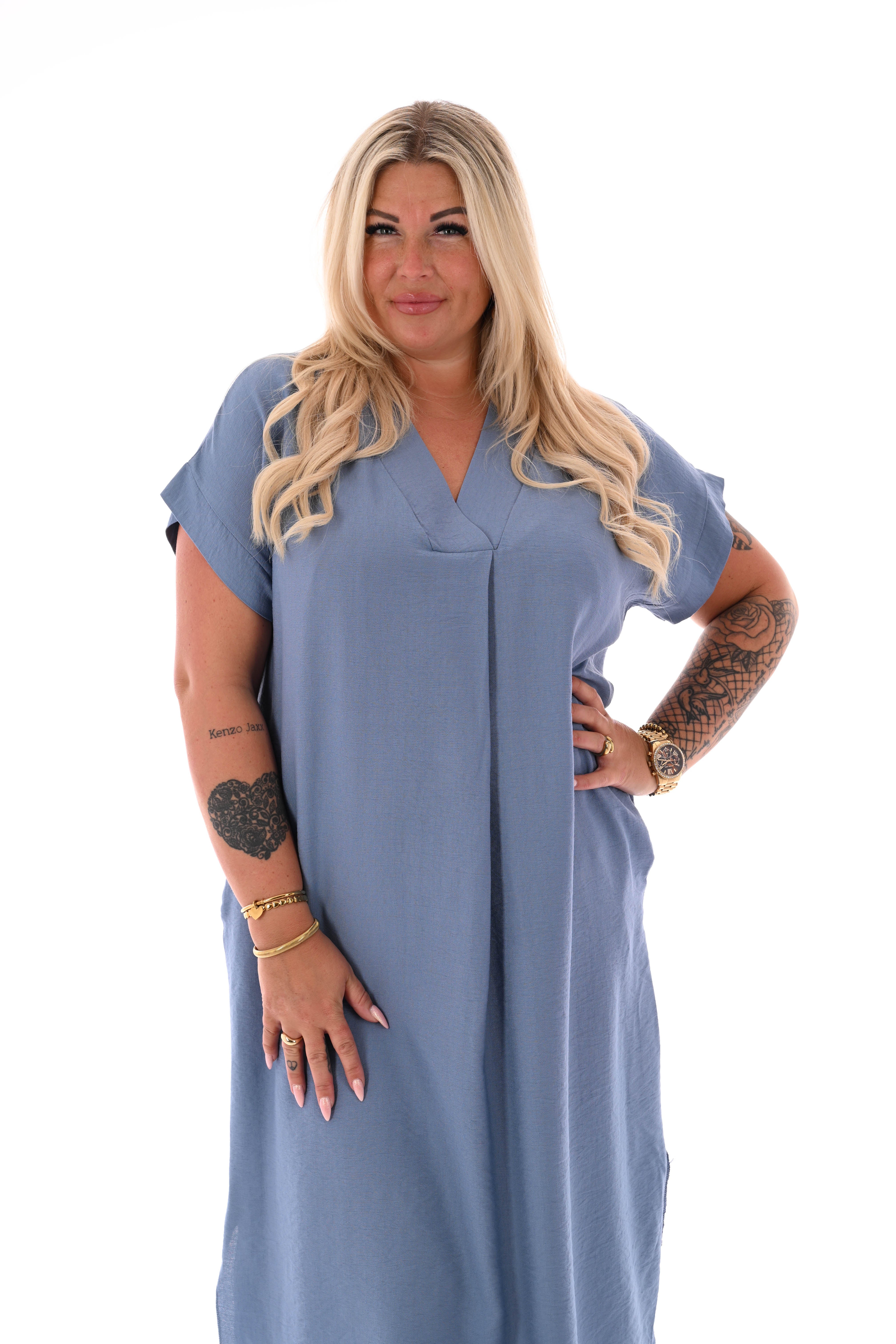 Lange jurk v-hals met zakken jeansblauw