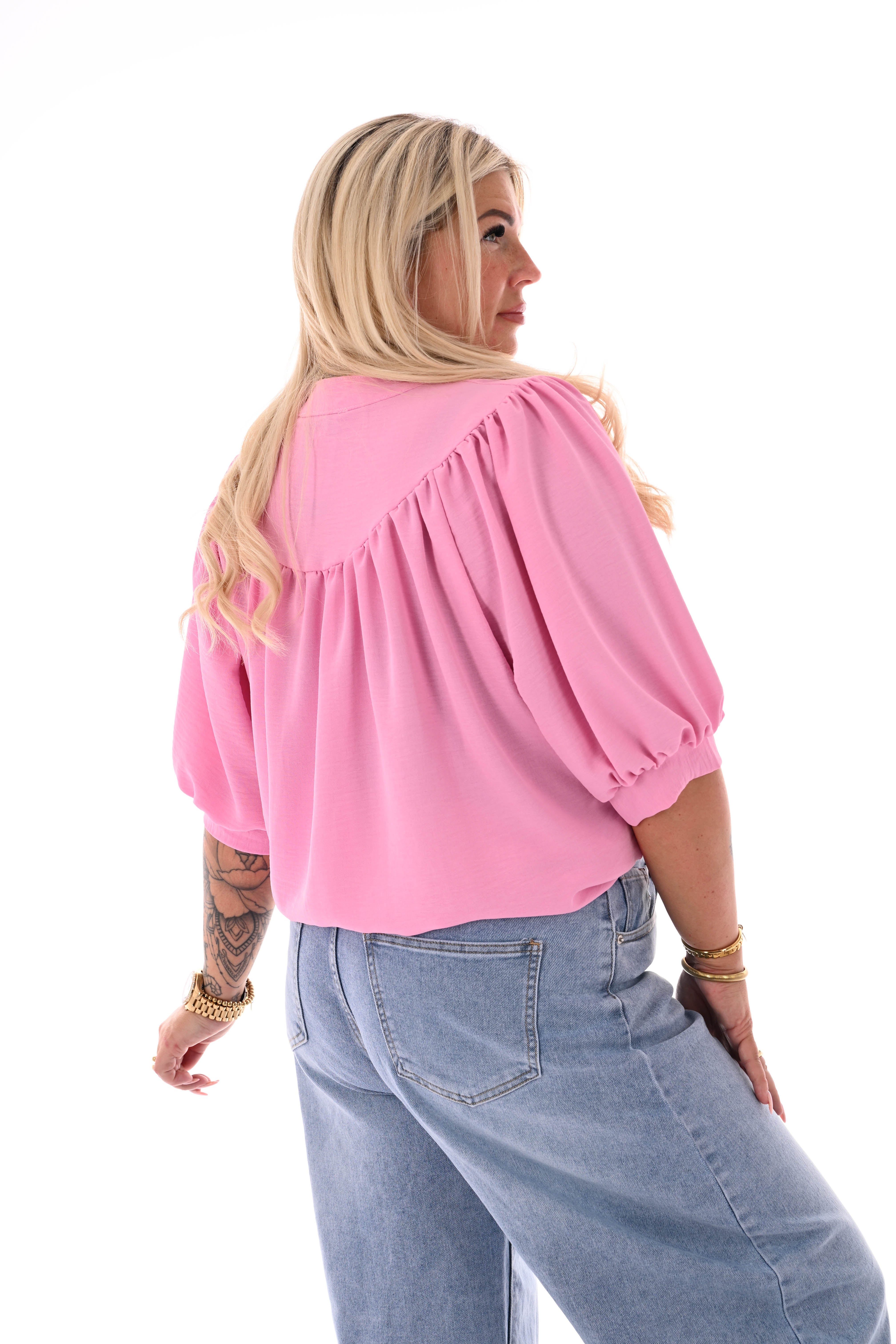 Doorknoop blouse korte pofmouwen uni roze