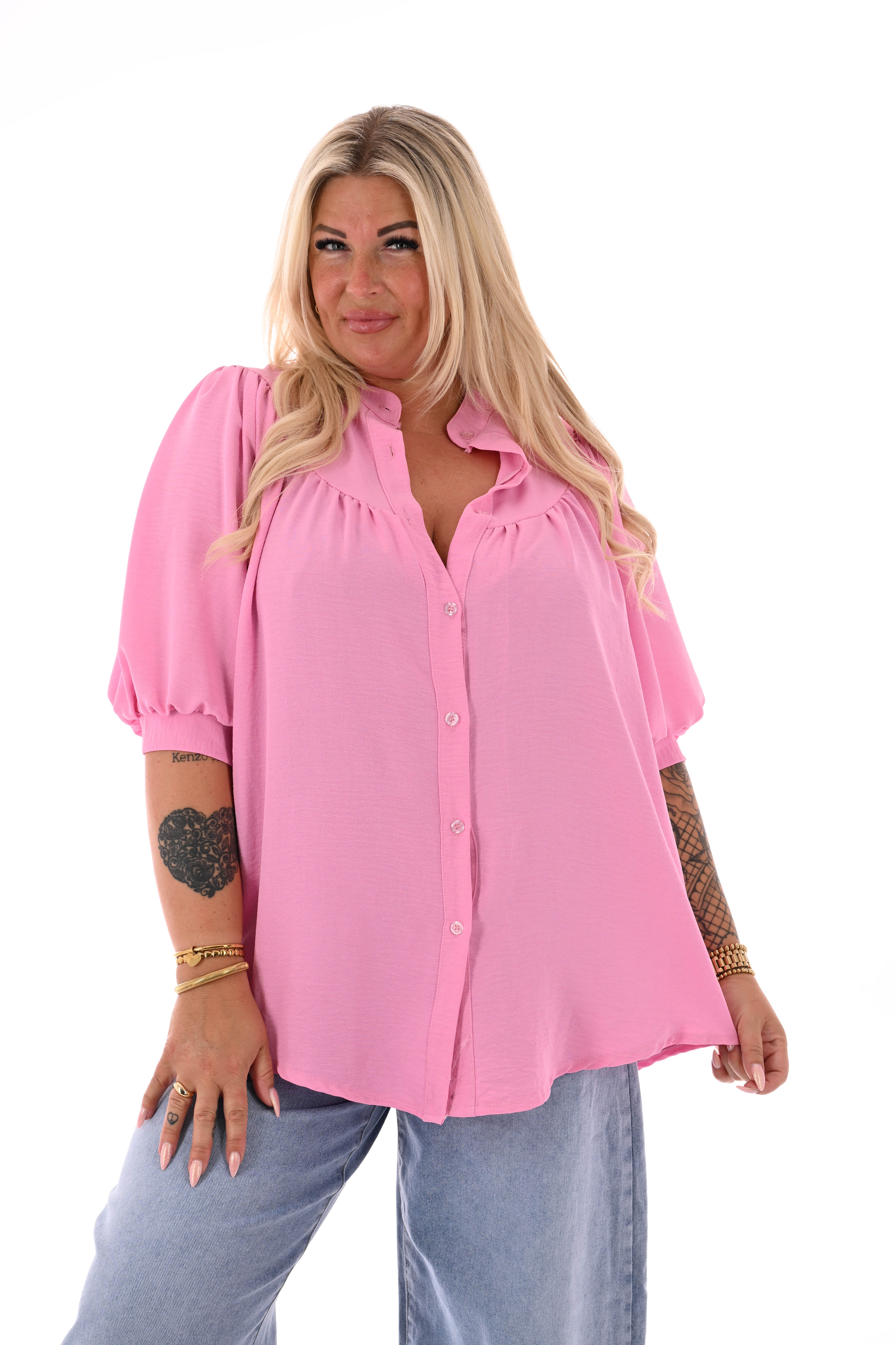 Doorknoop blouse korte pofmouwen uni roze